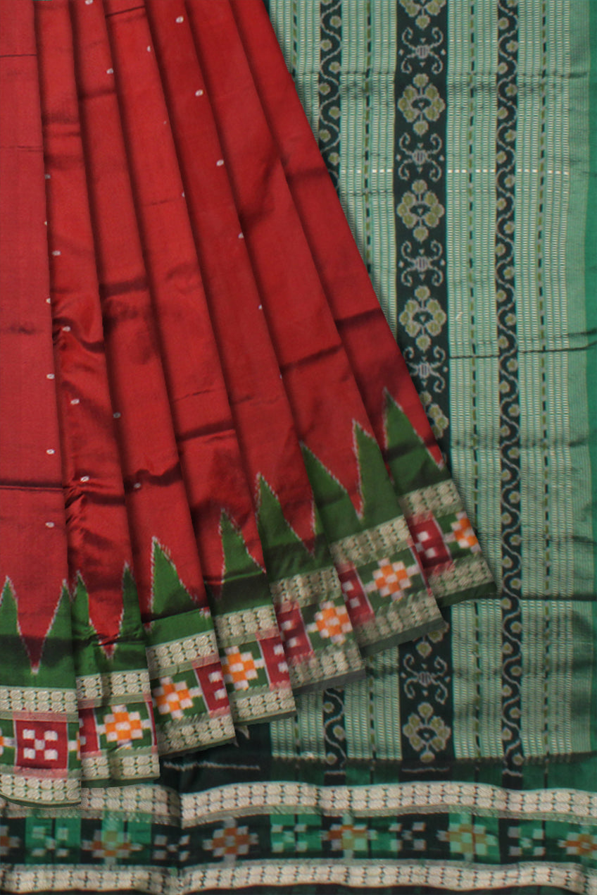 TRADITIONAL DHADI SAPTA PATTERN PATA SAREE IS MAROON AND GREEN COLOR BASE, AVAILABLE WITH MATCHING BLOUSE PIECE. - Koshali Arts & Crafts Enterprise