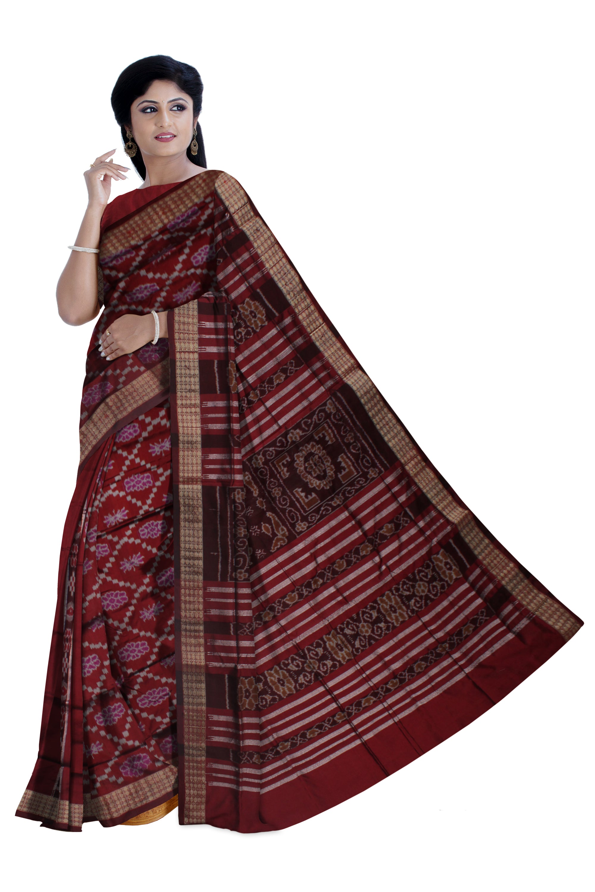 FLOWER PATTERN PATLI PATA SAREE IS CHOCOLATE MAROON AND COFFEE COLOR BASE, AVAILABLE WITH MATCHING BLOUSE PIECE. - Koshali Arts & Crafts Enterprise