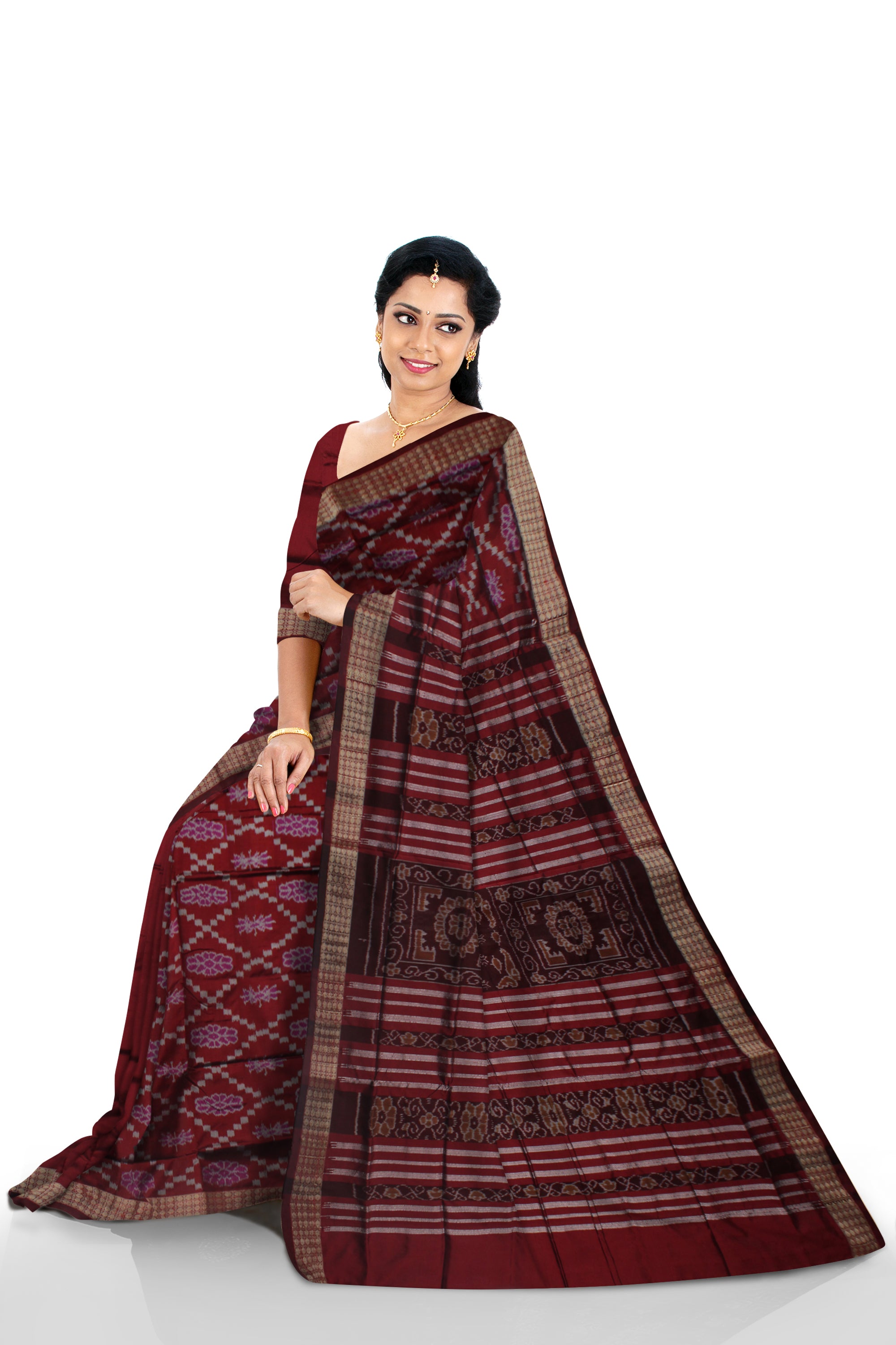 FLOWER PATTERN PATLI PATA SAREE IS CHOCOLATE MAROON AND COFFEE COLOR BASE, AVAILABLE WITH MATCHING BLOUSE PIECE. - Koshali Arts & Crafts Enterprise