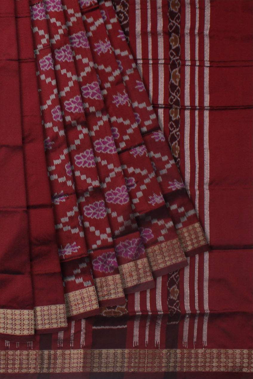 FLOWER PATTERN PATLI PATA SAREE IS CHOCOLATE MAROON AND COFFEE COLOR BASE, AVAILABLE WITH MATCHING BLOUSE PIECE. - Koshali Arts & Crafts Enterprise