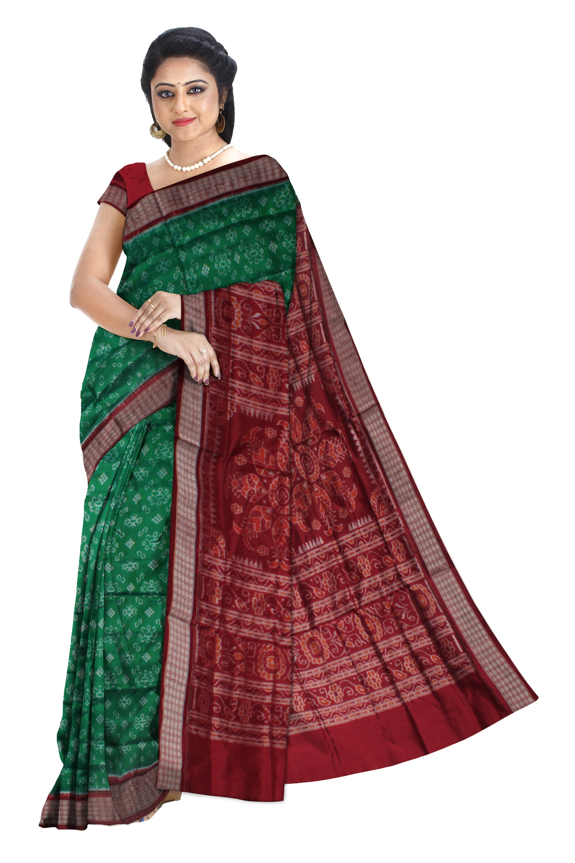 SMALL FLOWER AND PASAPALI PATTERN PATA SAREE IS GREEN AND MAROON COLOR BASE, WITTH BLOUSE PIECE. - Koshali Arts & Crafts Enterprise