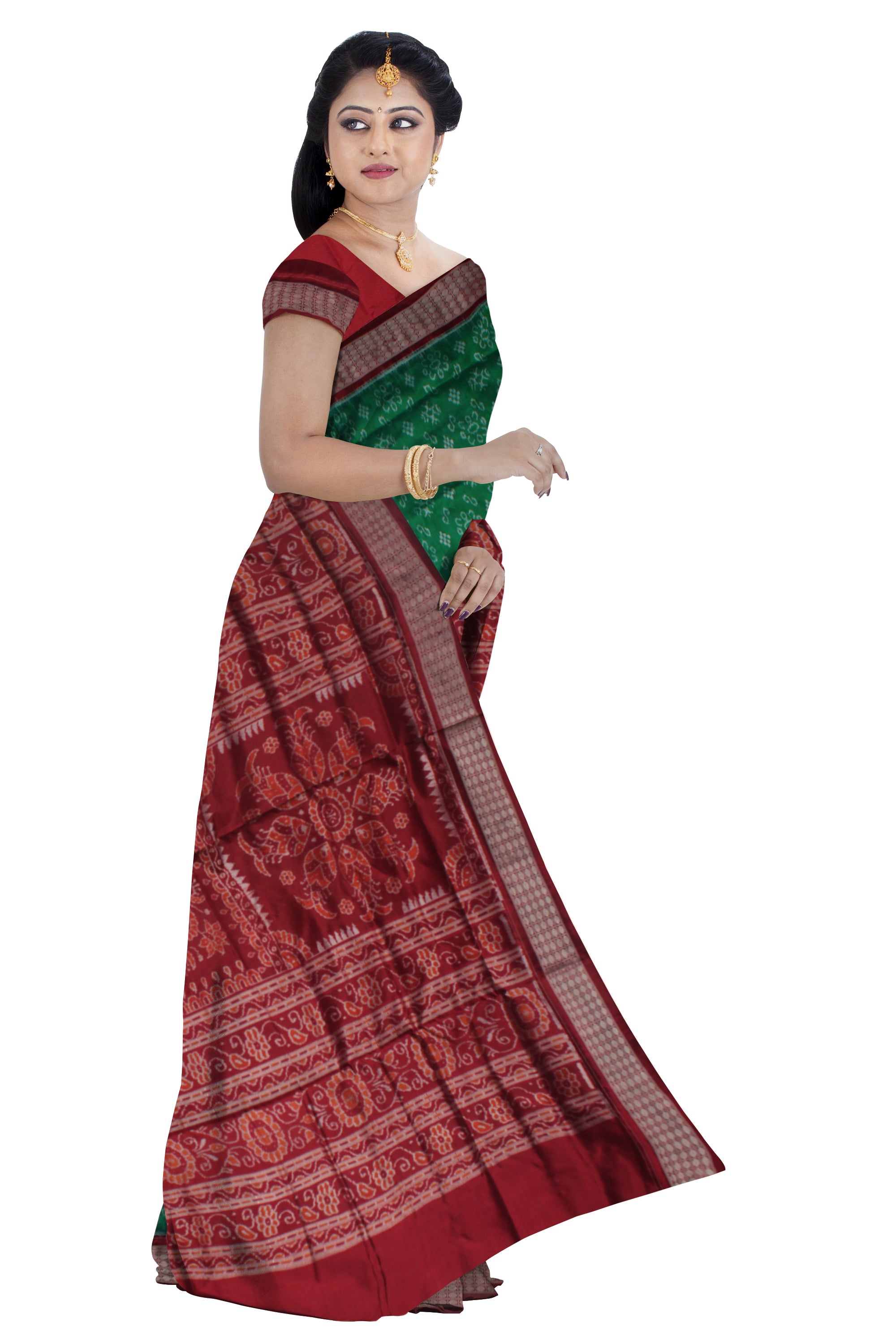 SMALL FLOWER AND PASAPALI PATTERN PATA SAREE IS GREEN AND MAROON COLOR BASE, WITTH BLOUSE PIECE. - Koshali Arts & Crafts Enterprise