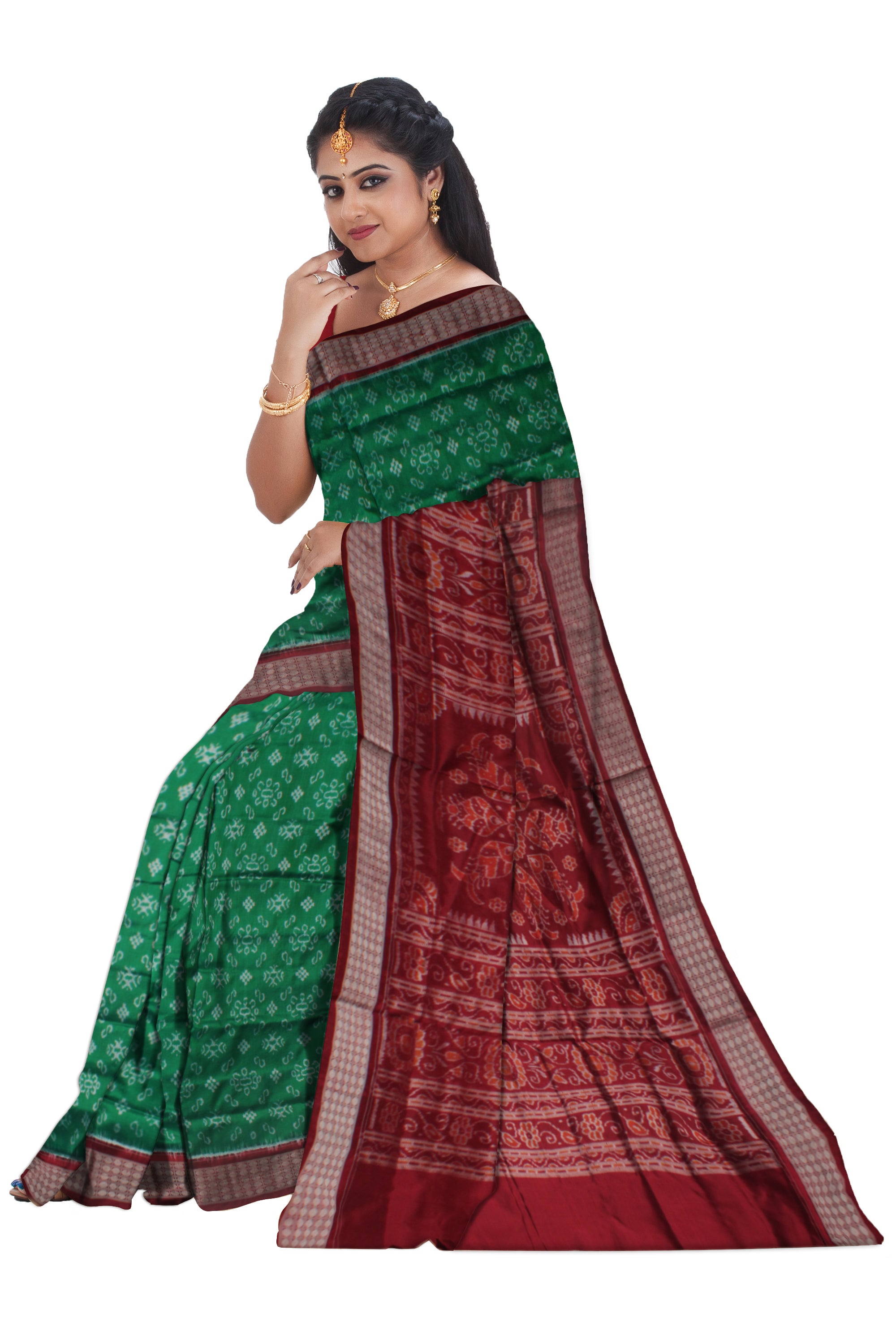SMALL FLOWER AND PASAPALI PATTERN PATA SAREE IS GREEN AND MAROON COLOR BASE, WITTH BLOUSE PIECE. - Koshali Arts & Crafts Enterprise