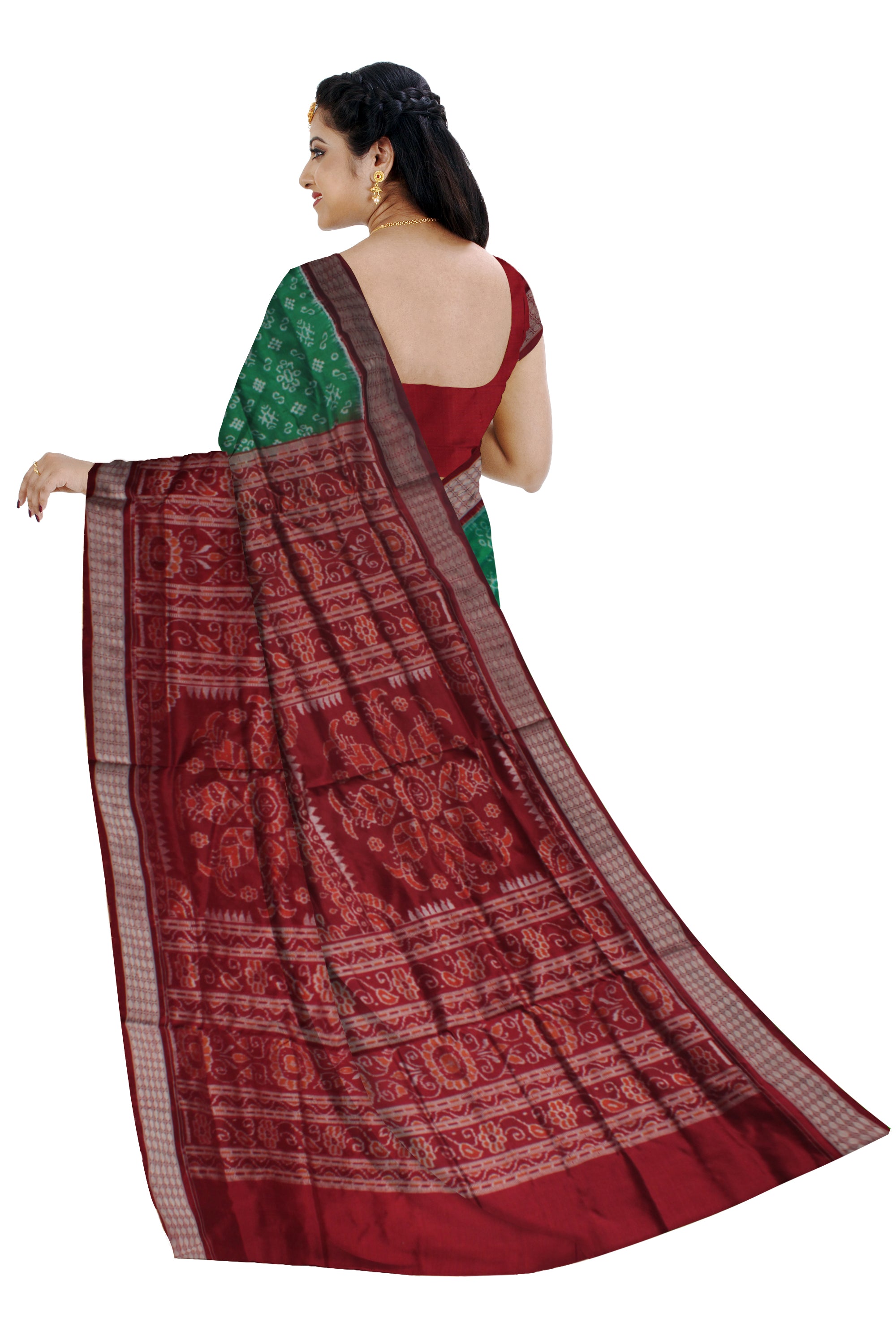 SMALL FLOWER AND PASAPALI PATTERN PATA SAREE IS GREEN AND MAROON COLOR BASE, WITTH BLOUSE PIECE. - Koshali Arts & Crafts Enterprise