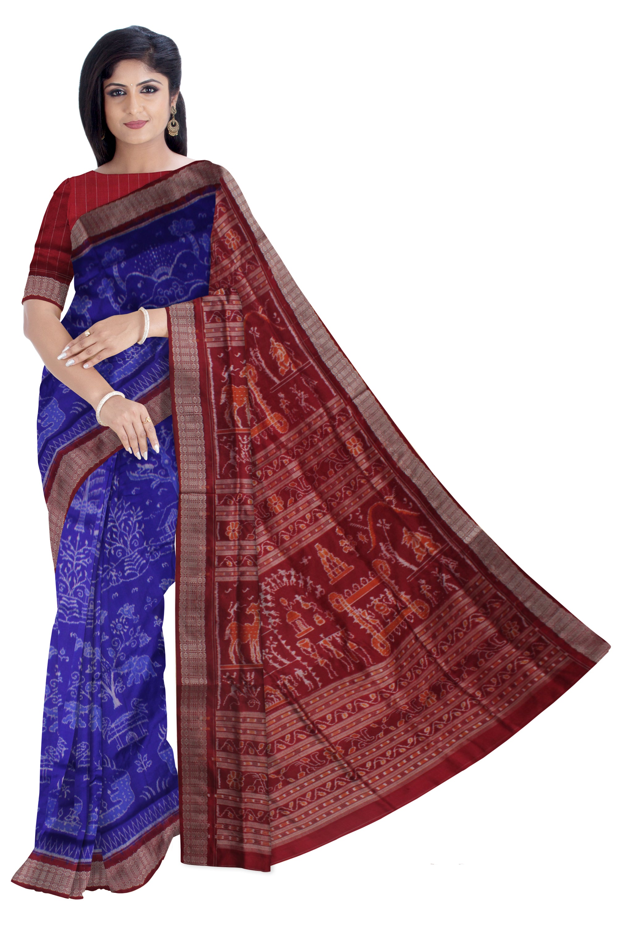 TRADITIONAL VILLAGE PATTERN PURE SILK SAREE IS BLUE AND MAROON COLOR BASE, WITH BLOUSE PIECE. - Koshali Arts & Crafts Enterprise