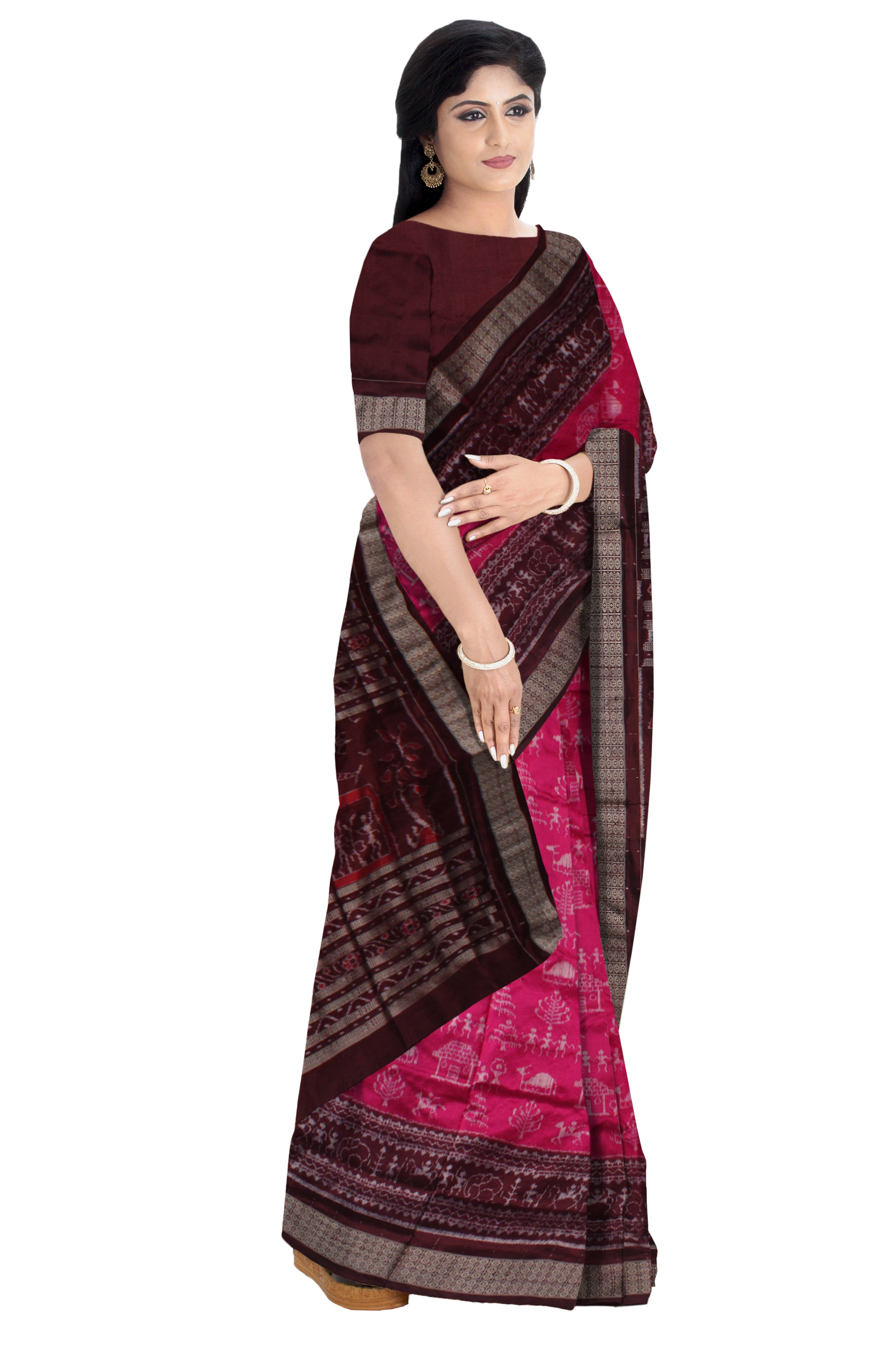 TERRACOTTA WITH HOUSE PATTERN PURE SILK SAREE IS RANI PINK AND COFFEE COLOR BASE, AVAILABLE WITH BLOUSE PIECE. - Koshali Arts & Crafts Enterprise