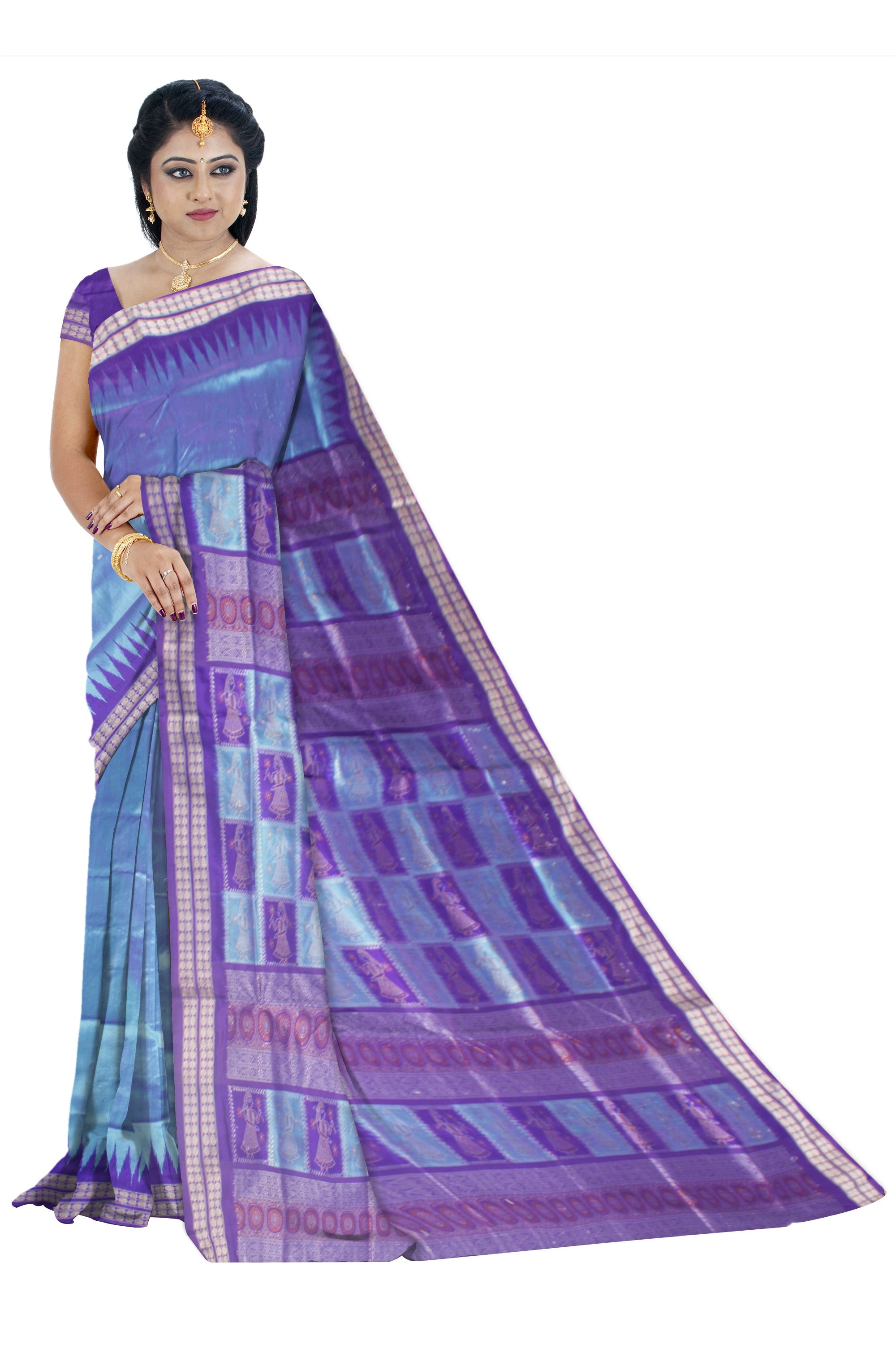 PALLU DOLL PRINT LIGHT SKY AND PURPLE COLOR PATA SAREE , WITH BLOUSE PIECE. - Koshali Arts & Crafts Enterprise