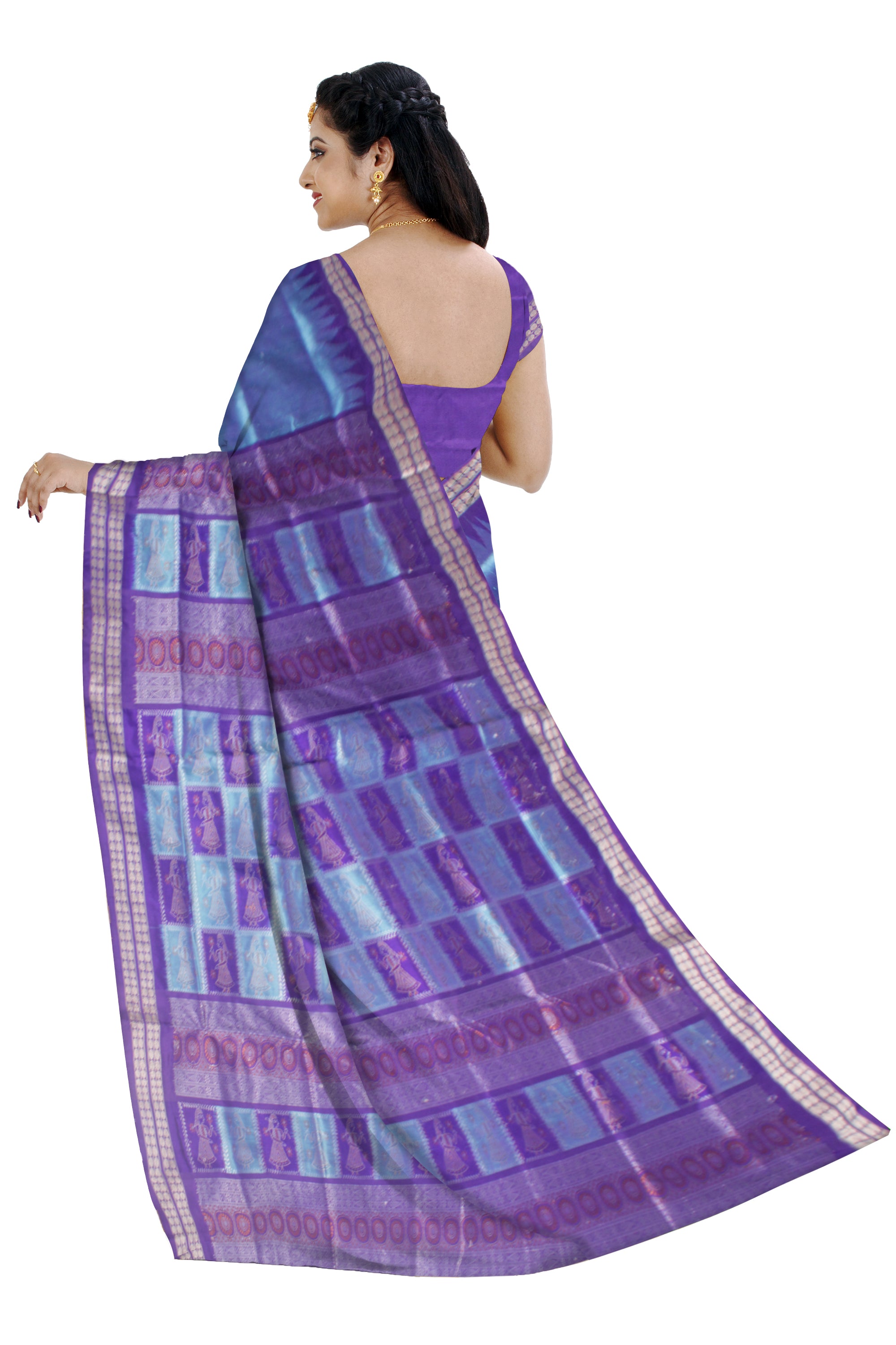PALLU DOLL PRINT LIGHT SKY AND PURPLE COLOR PATA SAREE , WITH BLOUSE PIECE. - Koshali Arts & Crafts Enterprise