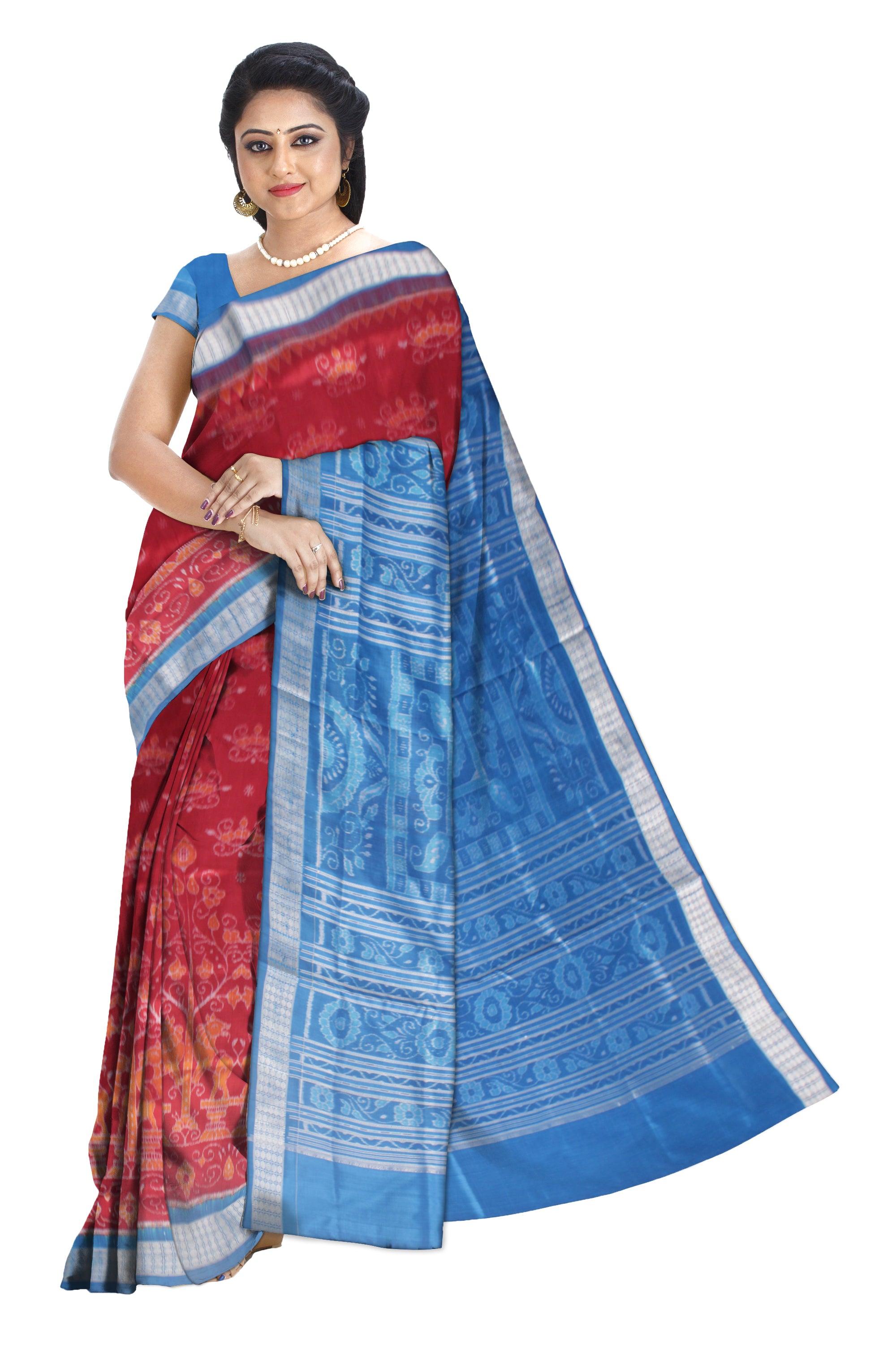 MAROON AND SKY COLOR LION PRINT PURE SILK SAREE, WITH BLOUSE PIECE. - Koshali Arts & Crafts Enterprise