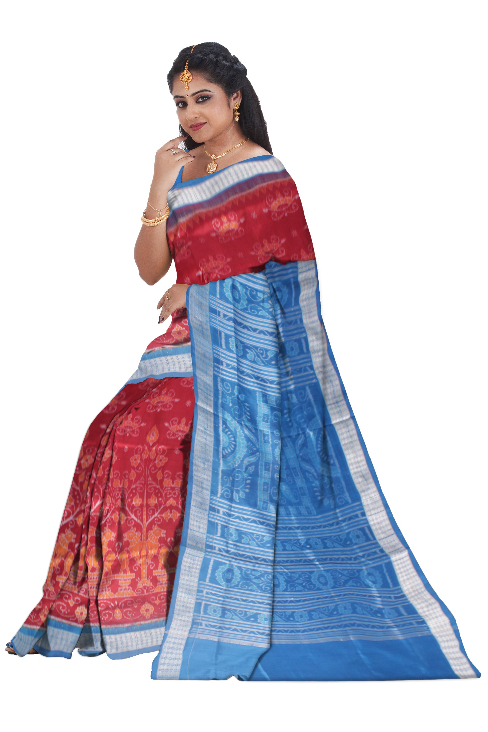 MAROON AND SKY COLOR LION PRINT PURE SILK SAREE, WITH BLOUSE PIECE. - Koshali Arts & Crafts Enterprise