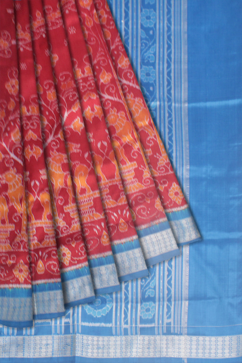 MAROON AND SKY COLOR LION PRINT PURE SILK SAREE, WITH BLOUSE PIECE. - Koshali Arts & Crafts Enterprise
