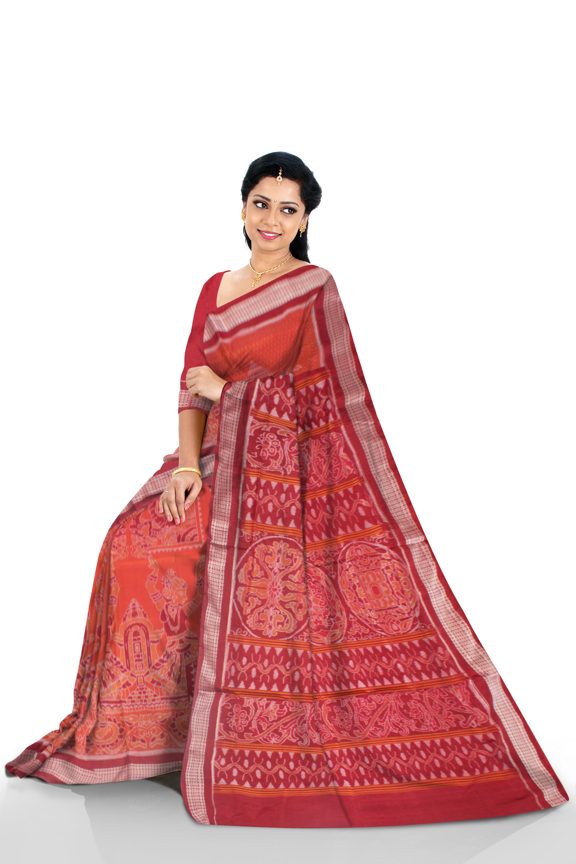 BEAUTIFUL NARTAKI PATTERN PURE COTTON SAREE IS  ORANGE AND MAROON COLOR BASE, COMES WITH MATCHING BLOUSE PIECE. - Koshali Arts & Crafts Enterprise