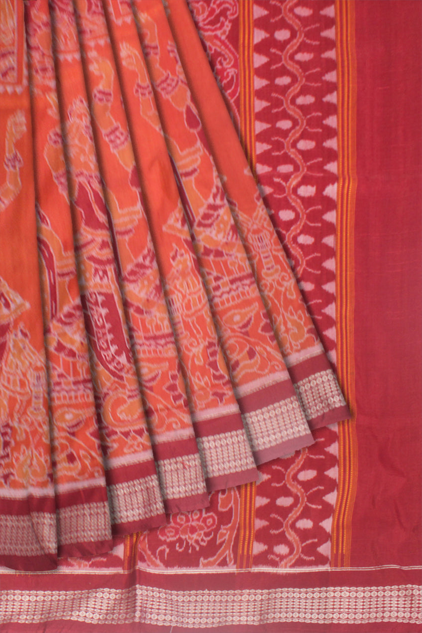 BEAUTIFUL NARTAKI PATTERN PURE COTTON SAREE IS  ORANGE AND MAROON COLOR BASE, COMES WITH MATCHING BLOUSE PIECE. - Koshali Arts & Crafts Enterprise