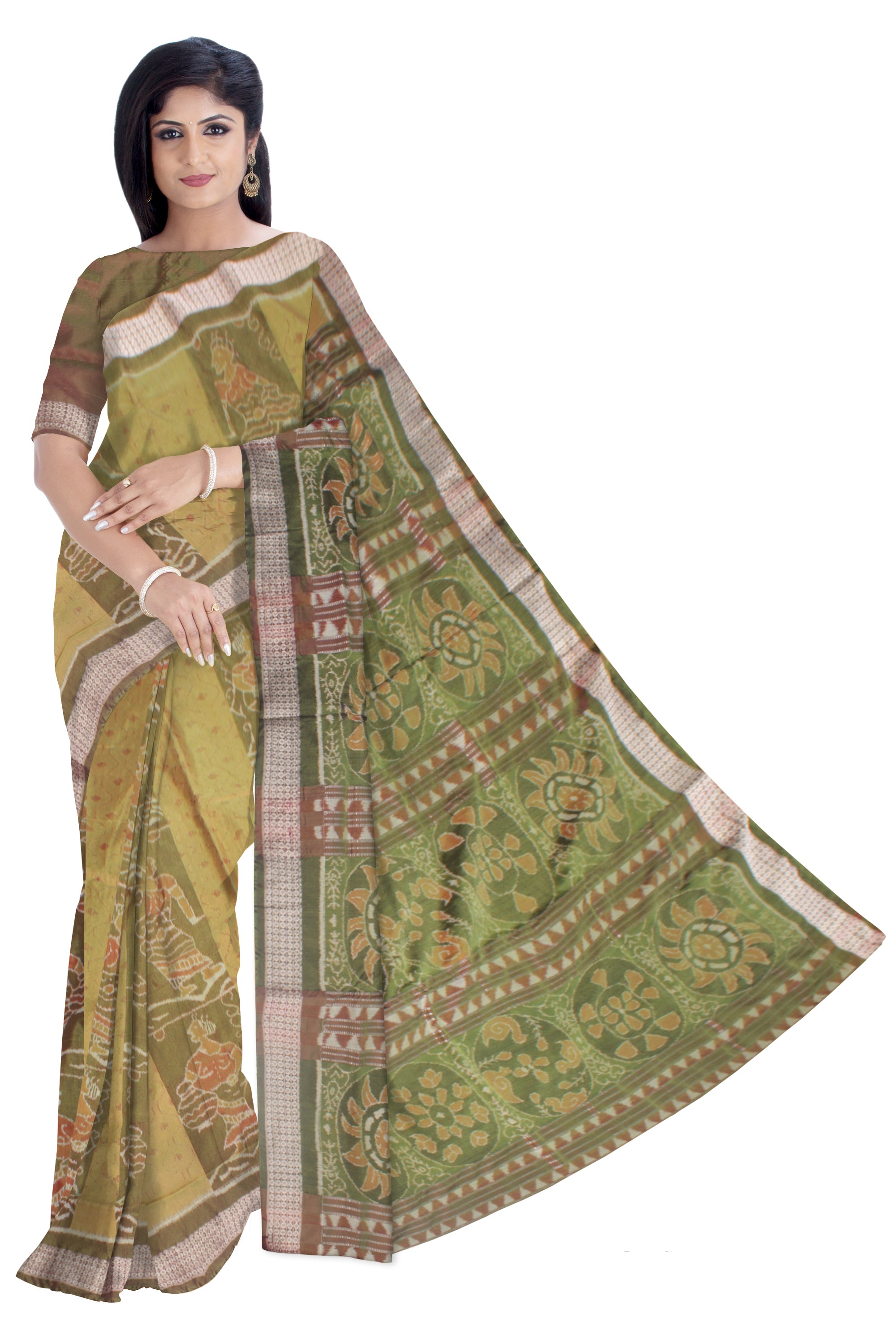 LATEST COLLECTION OLIVE COLOR BAPTA PATA SAREE, ATTACHED WITH MATCHING BLOUSE PIECE. - Koshali Arts & Crafts Enterprise