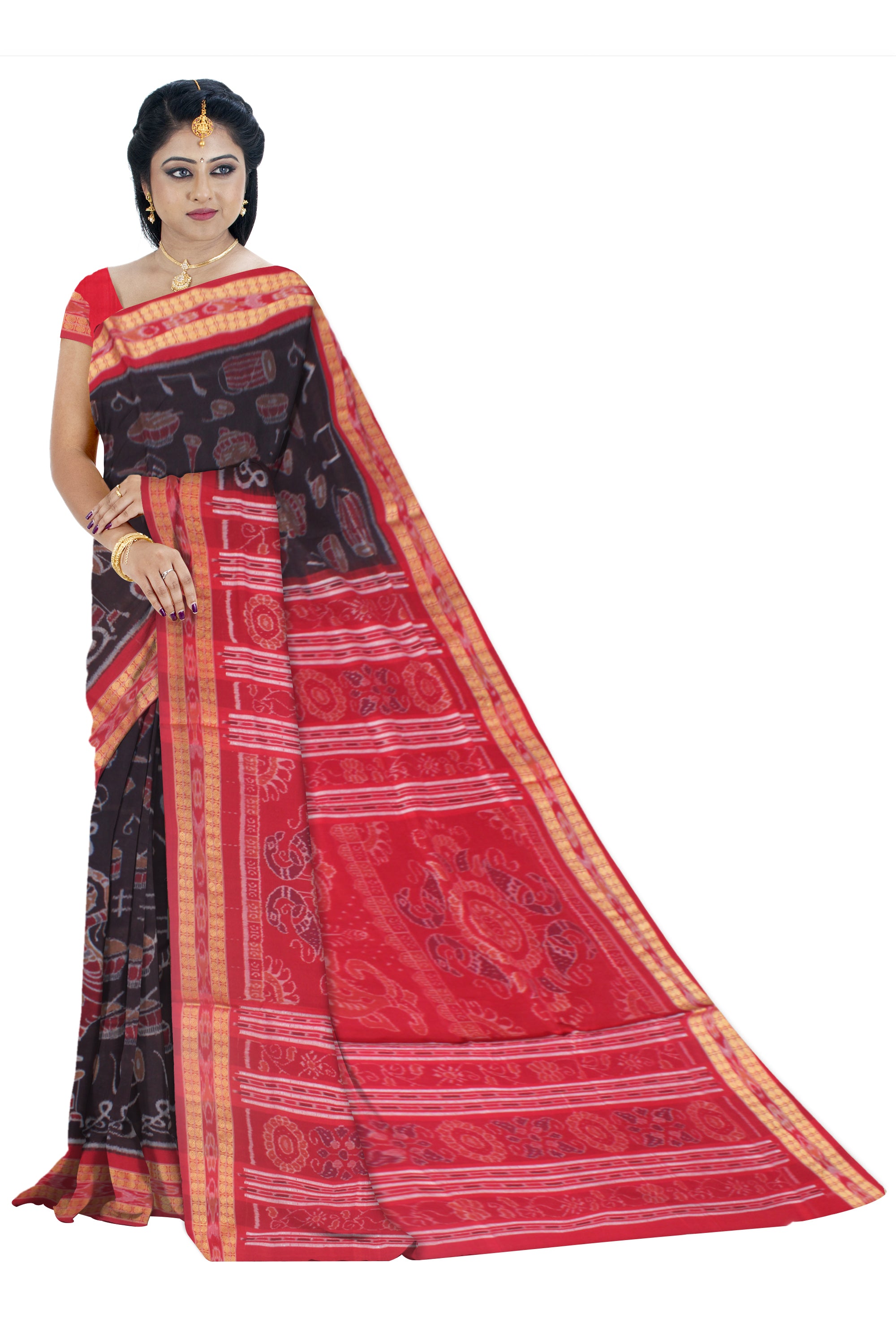 MUSICAL INSTRUMENT WITH ODISHI DANCE PATTERN PURE COTTON SILK SAREE IS DARK- COFFEE AND RED COLOR BASE,WITH BLOUSE PIECE. - Koshali Arts & Crafts Enterprise