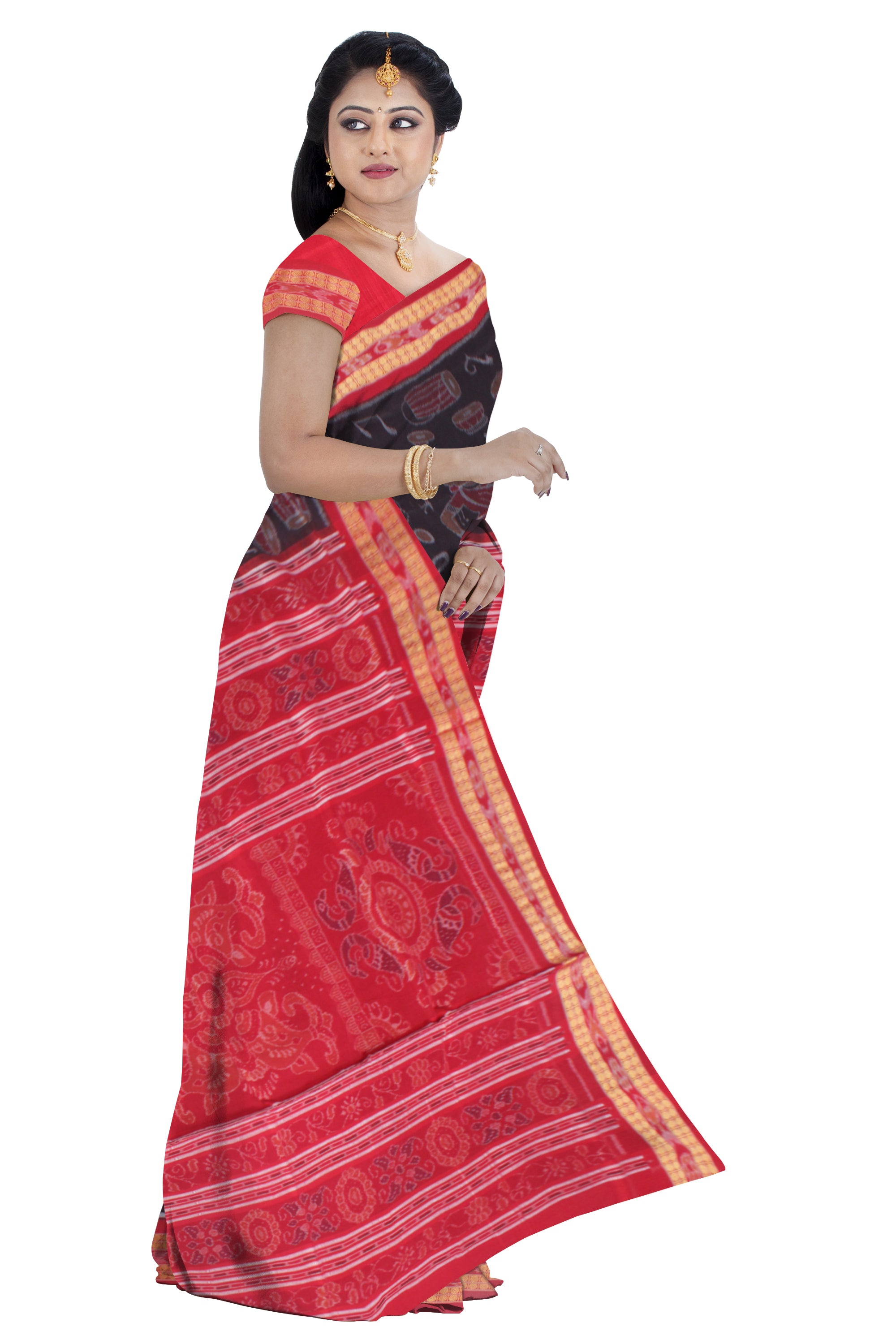 MUSICAL INSTRUMENT WITH ODISHI DANCE PATTERN PURE COTTON SILK SAREE IS DARK- COFFEE AND RED COLOR BASE,WITH BLOUSE PIECE. - Koshali Arts & Crafts Enterprise