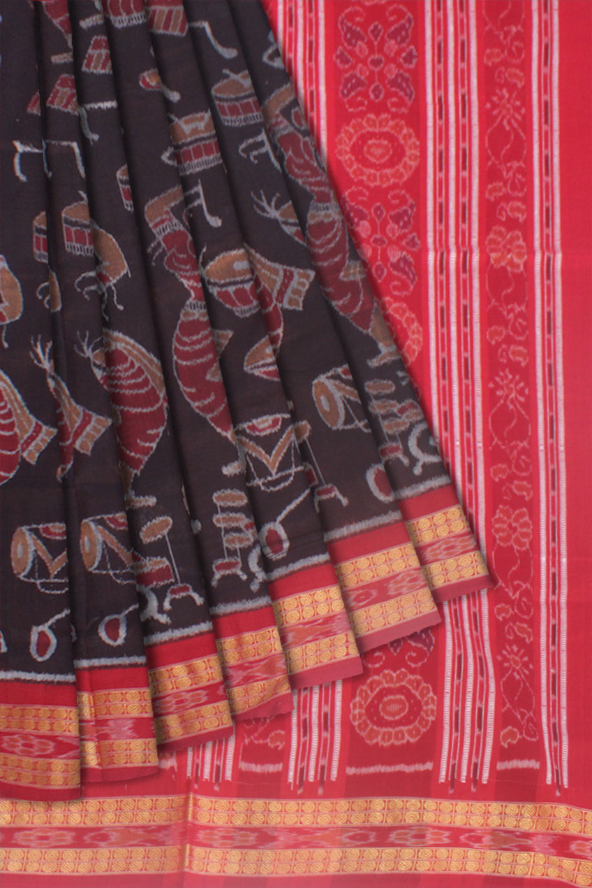 MUSICAL INSTRUMENT WITH ODISHI DANCE PATTERN PURE COTTON SILK SAREE IS DARK- COFFEE AND RED COLOR BASE,WITH BLOUSE PIECE. - Koshali Arts & Crafts Enterprise