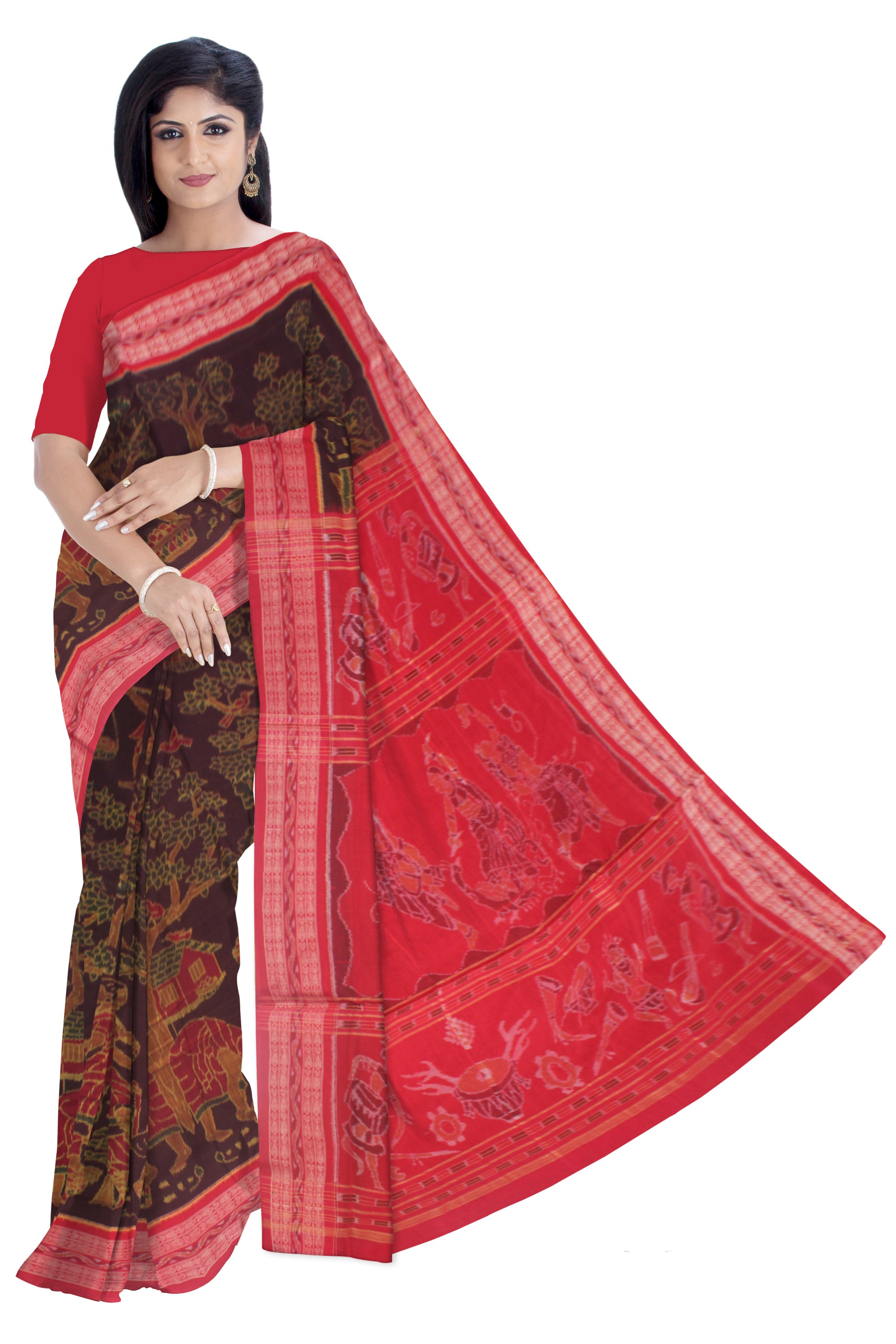 TRADITIONAL VILLAGE WORK TREE AND TERRACOTTA PATTERN PURE COTTON SAREE IS COFFEE AND RED COLOR BASE, WITH OUTBLOUSE PIECE. - Koshali Arts & Crafts Enterprise