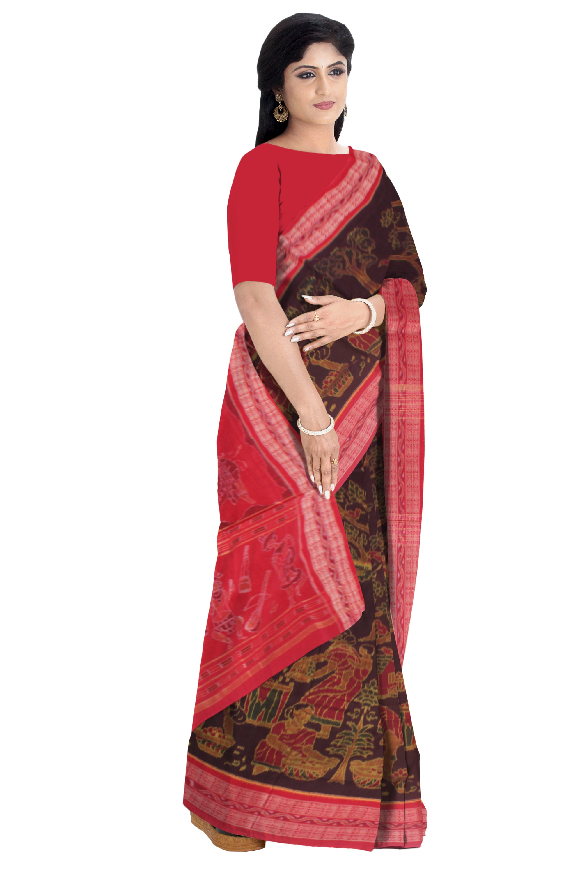 TRADITIONAL VILLAGE WORK TREE AND TERRACOTTA PATTERN PURE COTTON SAREE IS COFFEE AND RED COLOR BASE, WITH OUTBLOUSE PIECE. - Koshali Arts & Crafts Enterprise