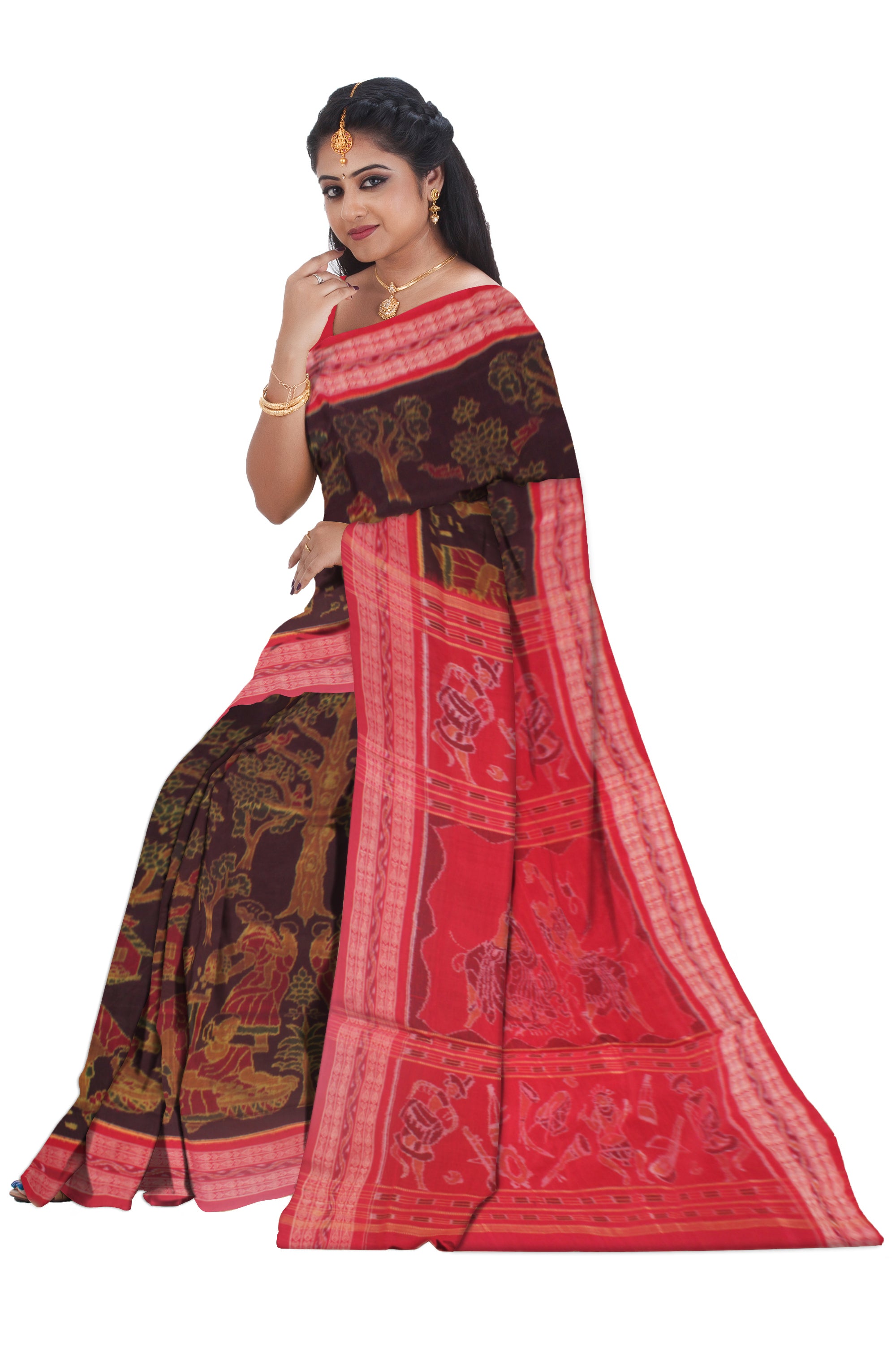 TRADITIONAL VILLAGE WORK TREE AND TERRACOTTA PATTERN PURE COTTON SAREE IS COFFEE AND RED COLOR BASE, WITH OUTBLOUSE PIECE. - Koshali Arts & Crafts Enterprise