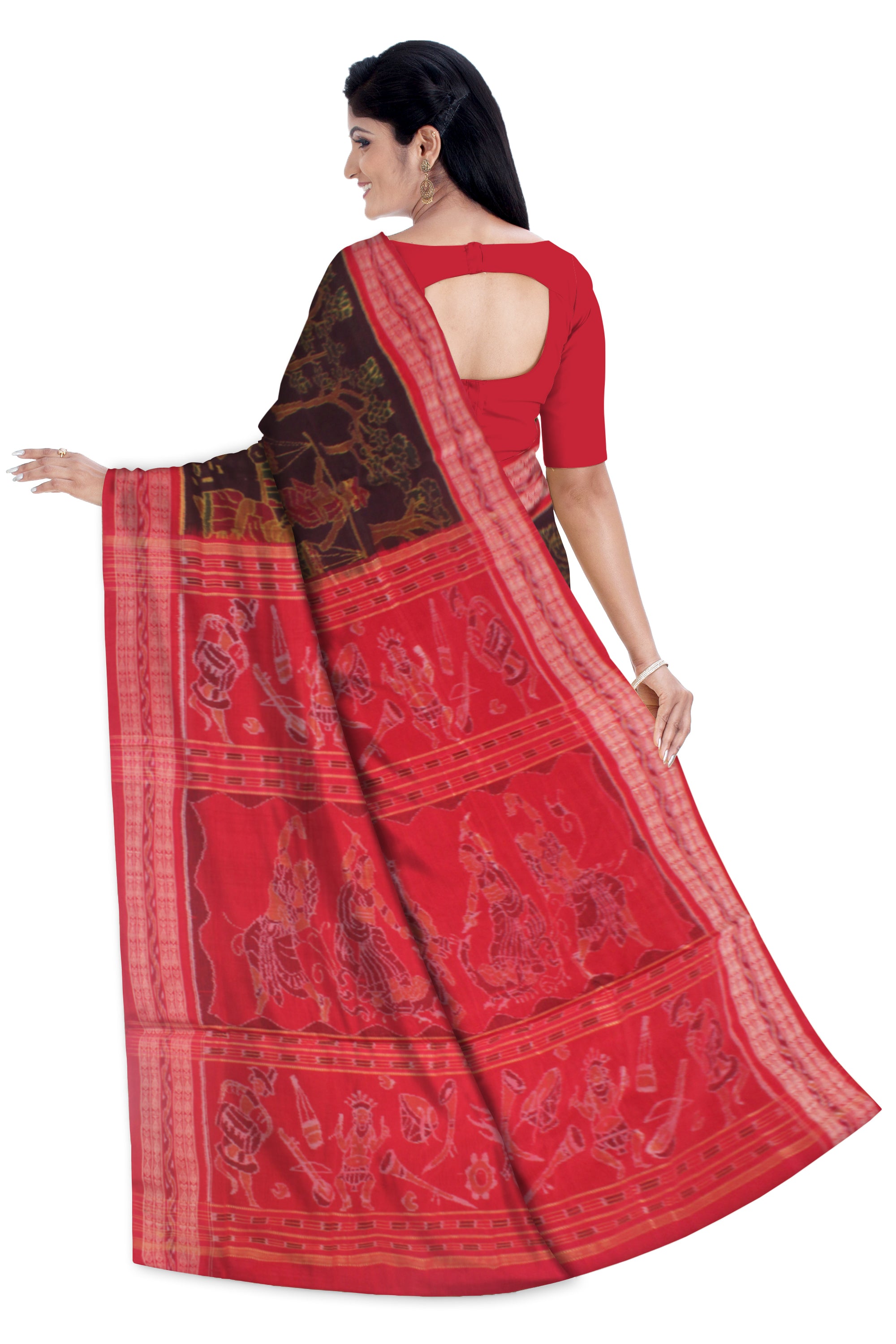TRADITIONAL VILLAGE WORK TREE AND TERRACOTTA PATTERN PURE COTTON SAREE IS COFFEE AND RED COLOR BASE, WITH OUTBLOUSE PIECE. - Koshali Arts & Crafts Enterprise