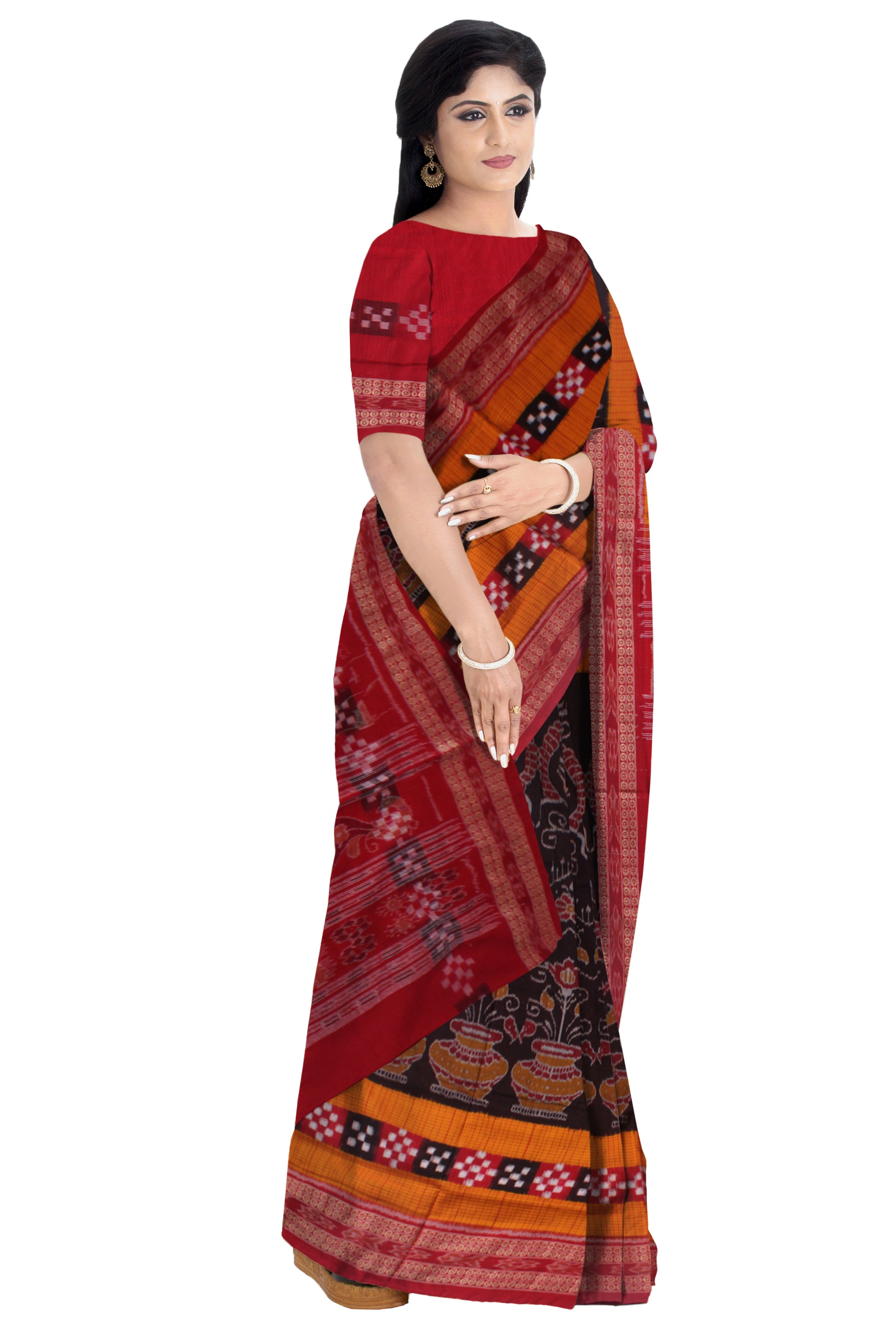 TRADITIONAL PASAPALI WITH KALASH PATTERN PURE COTTON SAREE IS COFFEE , YELLOW AND MAROON COLOR BASE.AVAILABLE WITH MATCHING BLOUSE PIECE. - Koshali Arts & Crafts Enterprise