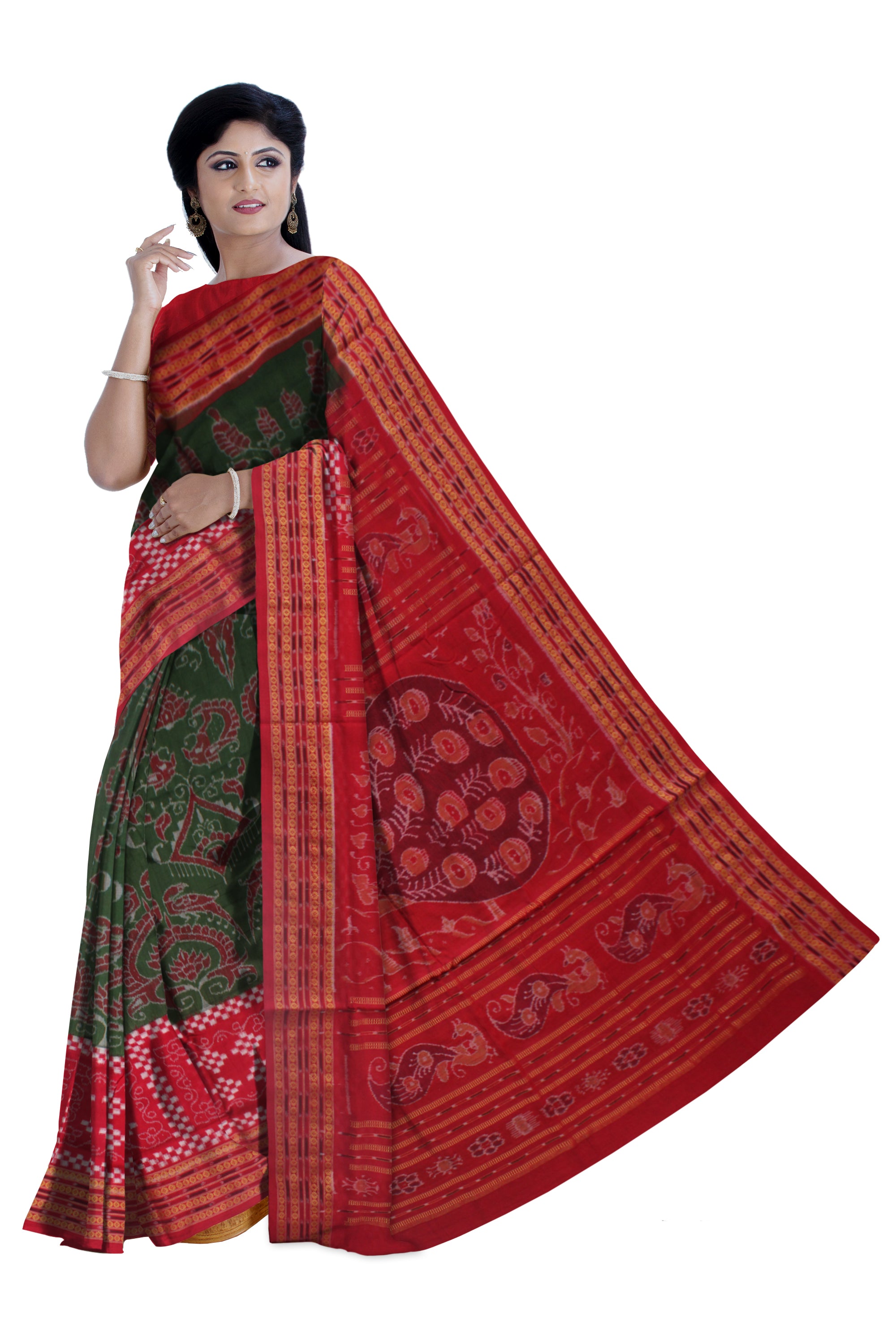 TRADITIONAL PASAPALI WITH PEACOCK PRINT PURE COTTON SAREE IS MEHENDI AND RED COLOR BASE,ATTACHED WITH MATCHING BLOUSE PIECE. - Koshali Arts & Crafts Enterprise