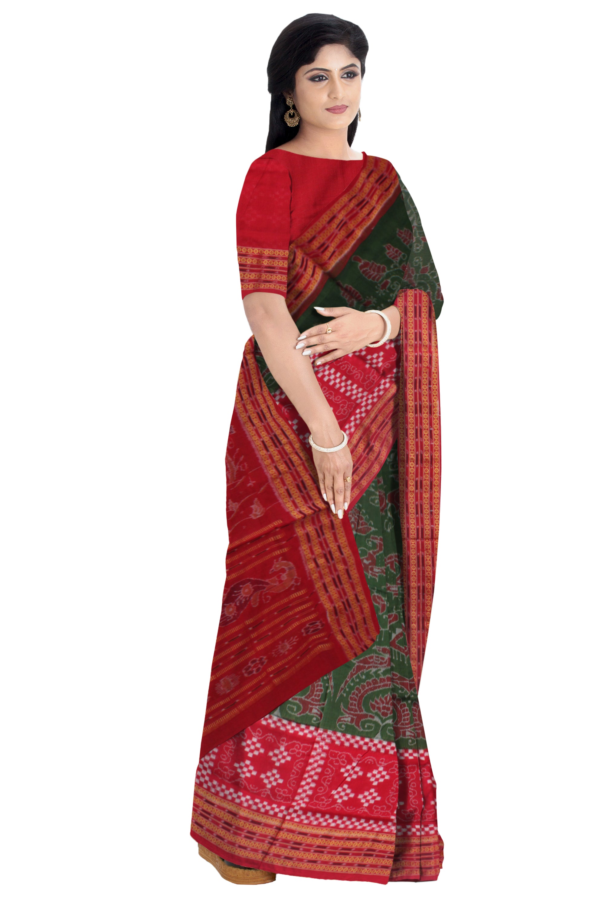 TRADITIONAL PASAPALI WITH PEACOCK PRINT PURE COTTON SAREE IS MEHENDI AND RED COLOR BASE,ATTACHED WITH MATCHING BLOUSE PIECE. - Koshali Arts & Crafts Enterprise