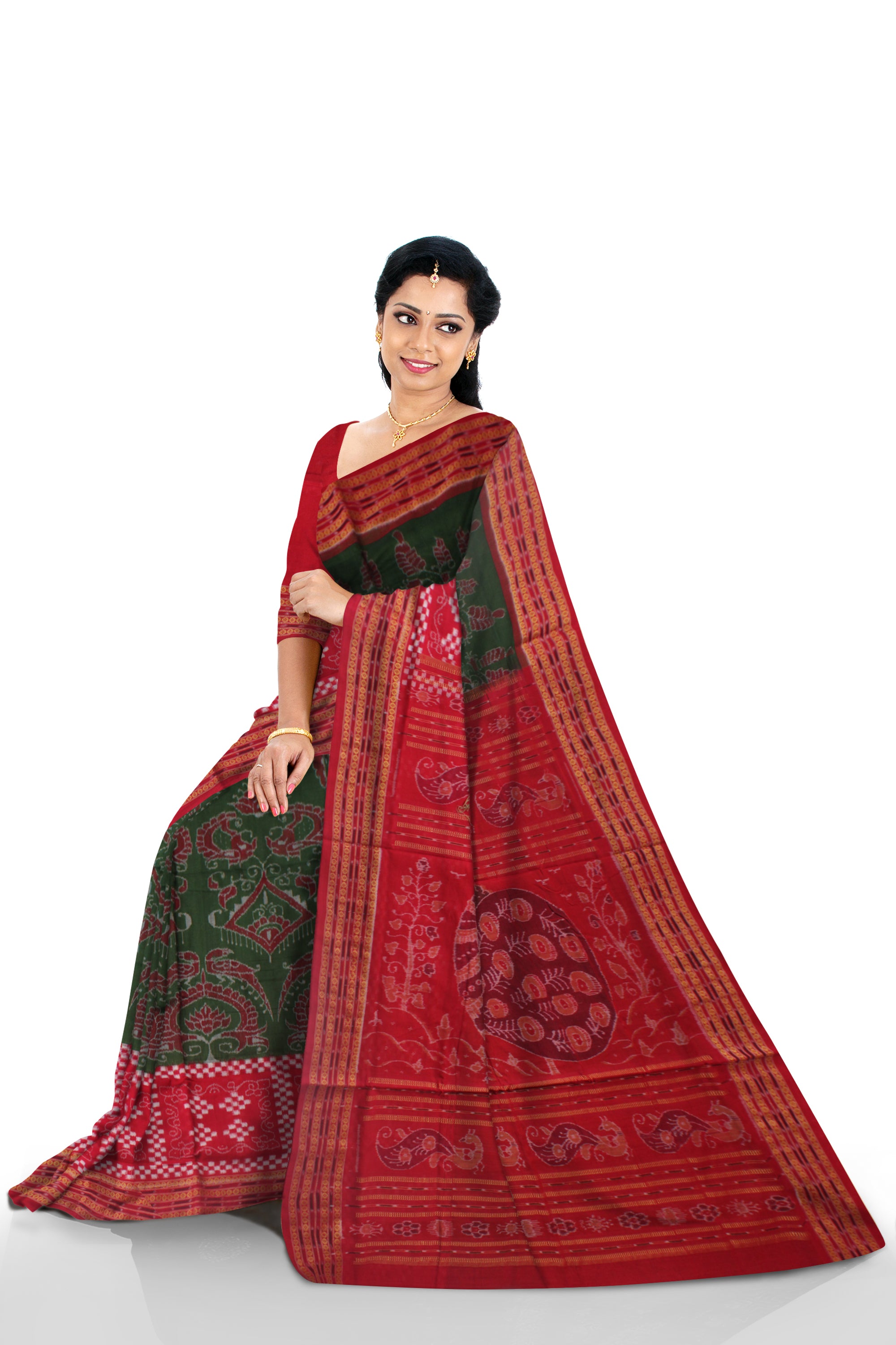 TRADITIONAL PASAPALI WITH PEACOCK PRINT PURE COTTON SAREE IS MEHENDI AND RED COLOR BASE,ATTACHED WITH MATCHING BLOUSE PIECE. - Koshali Arts & Crafts Enterprise