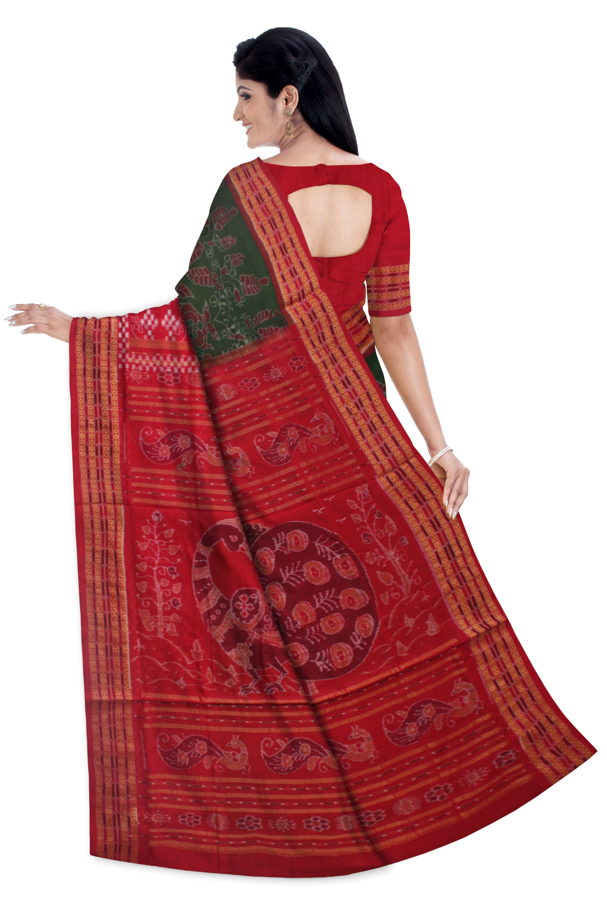 TRADITIONAL PASAPALI WITH PEACOCK PRINT PURE COTTON SAREE IS MEHENDI AND RED COLOR BASE,ATTACHED WITH MATCHING BLOUSE PIECE. - Koshali Arts & Crafts Enterprise