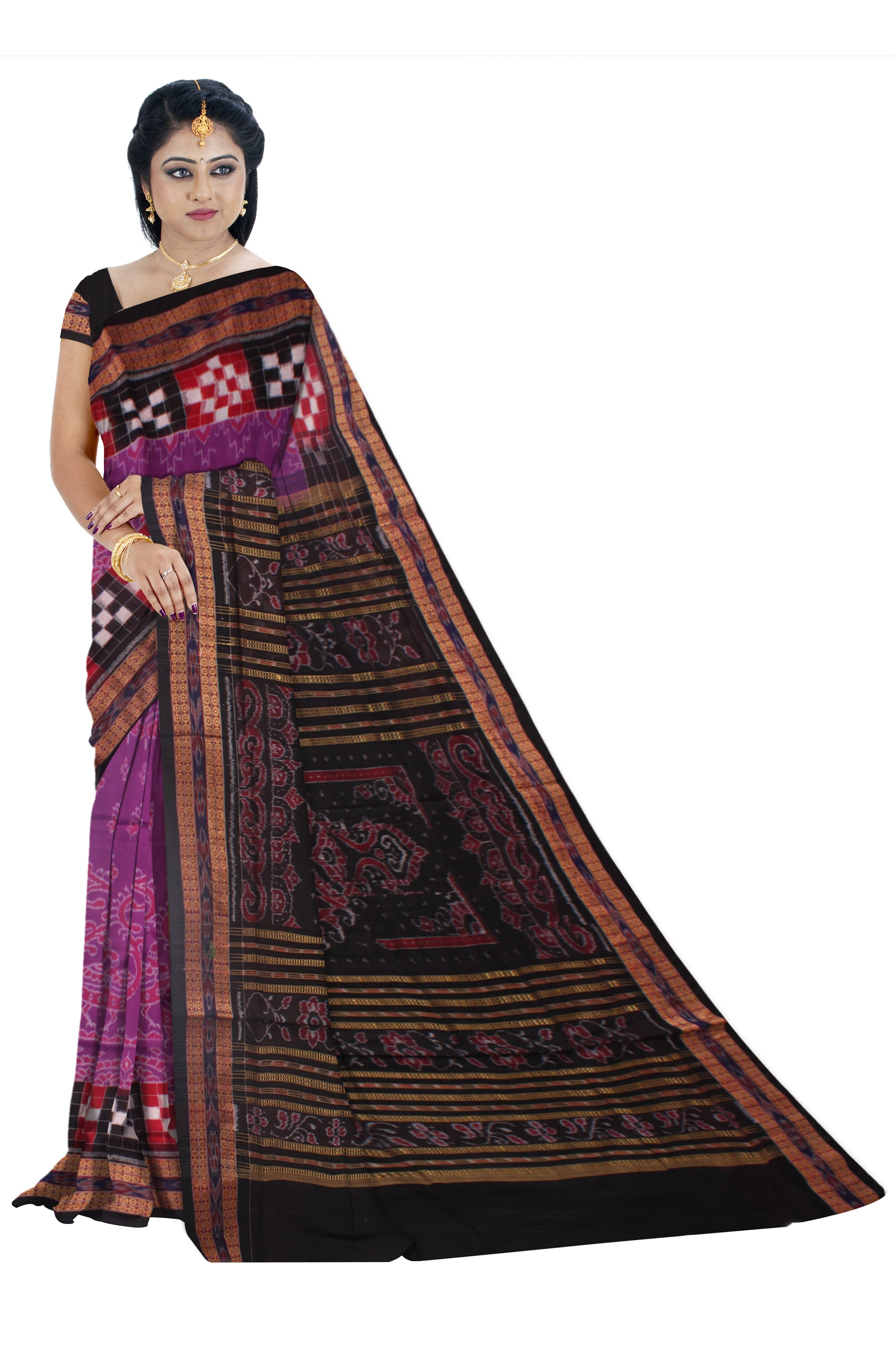 DARK VIOLET AND BLACK COLOR  TRADITIONAL PASAPALI WITH PEACOCK PRINT PURE COTTON SAREE, WITH BLOUSE PIECE. - Koshali Arts & Crafts Enterprise