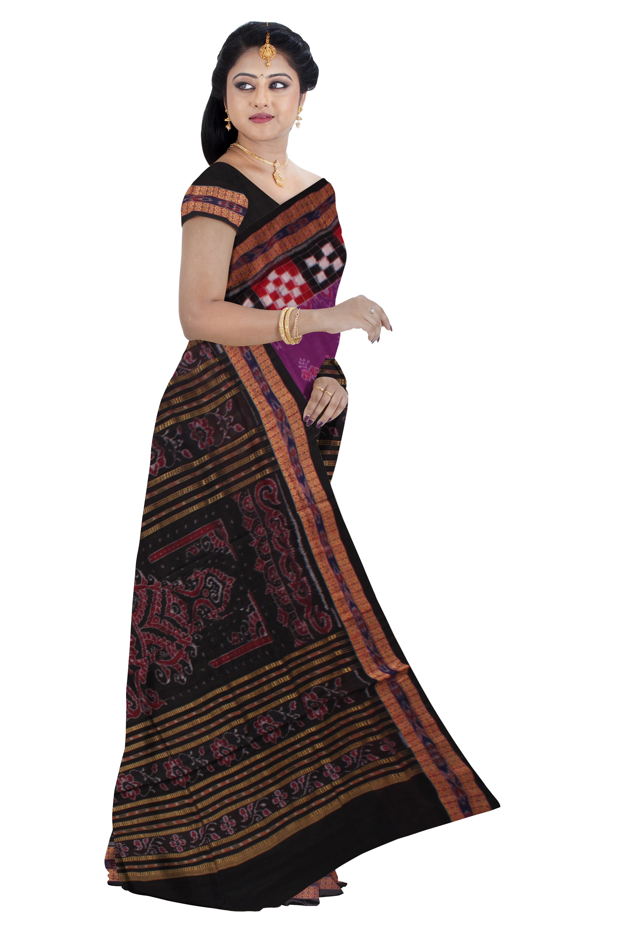 DARK VIOLET AND BLACK COLOR  TRADITIONAL PASAPALI WITH PEACOCK PRINT PURE COTTON SAREE, WITH BLOUSE PIECE. - Koshali Arts & Crafts Enterprise