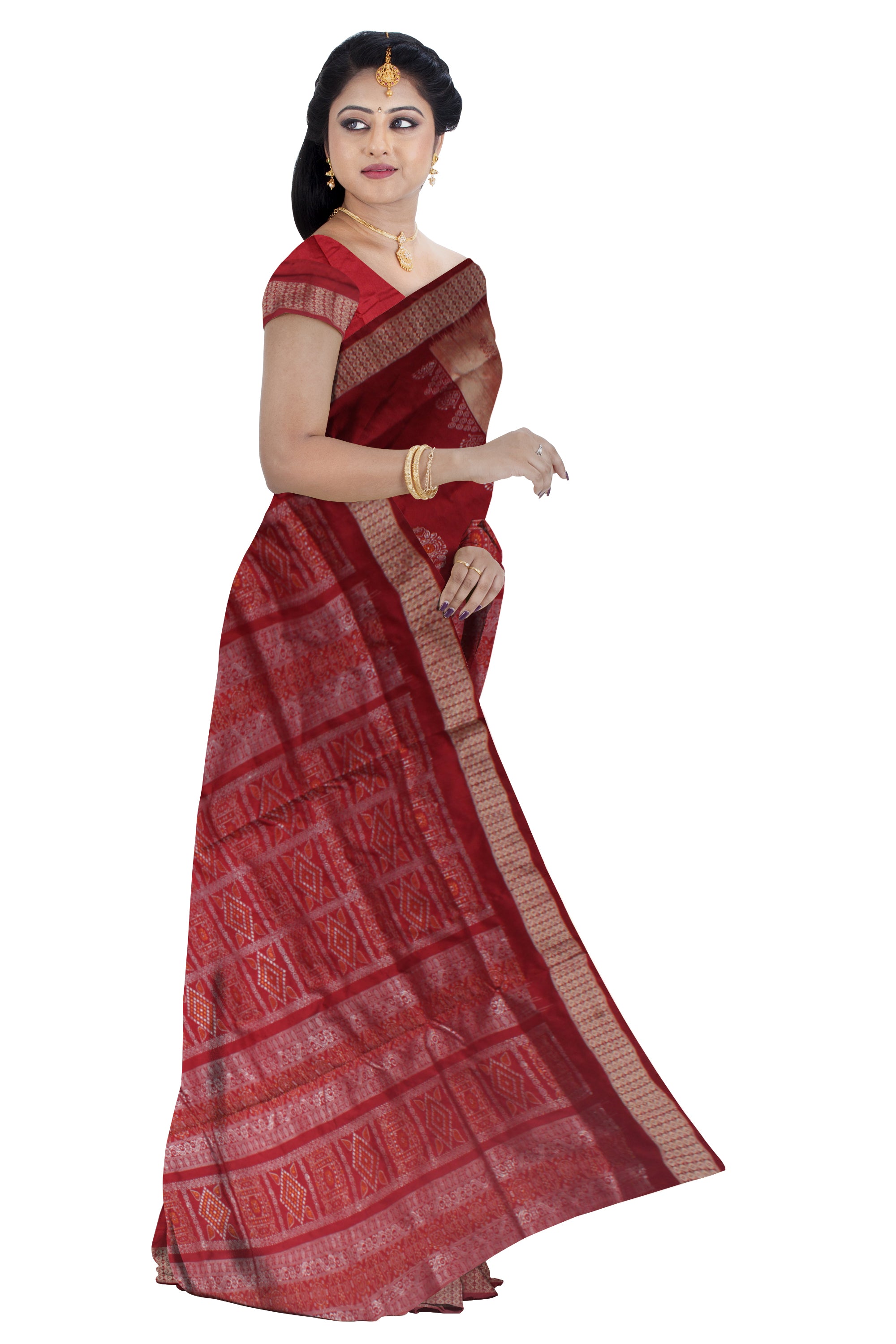 MAROON AND GOLDEN COLOR BOMKEI PATTERN PATA SAREE, WITH MATCHING BLOUSE PIECE. - Koshali Arts & Crafts Enterprise
