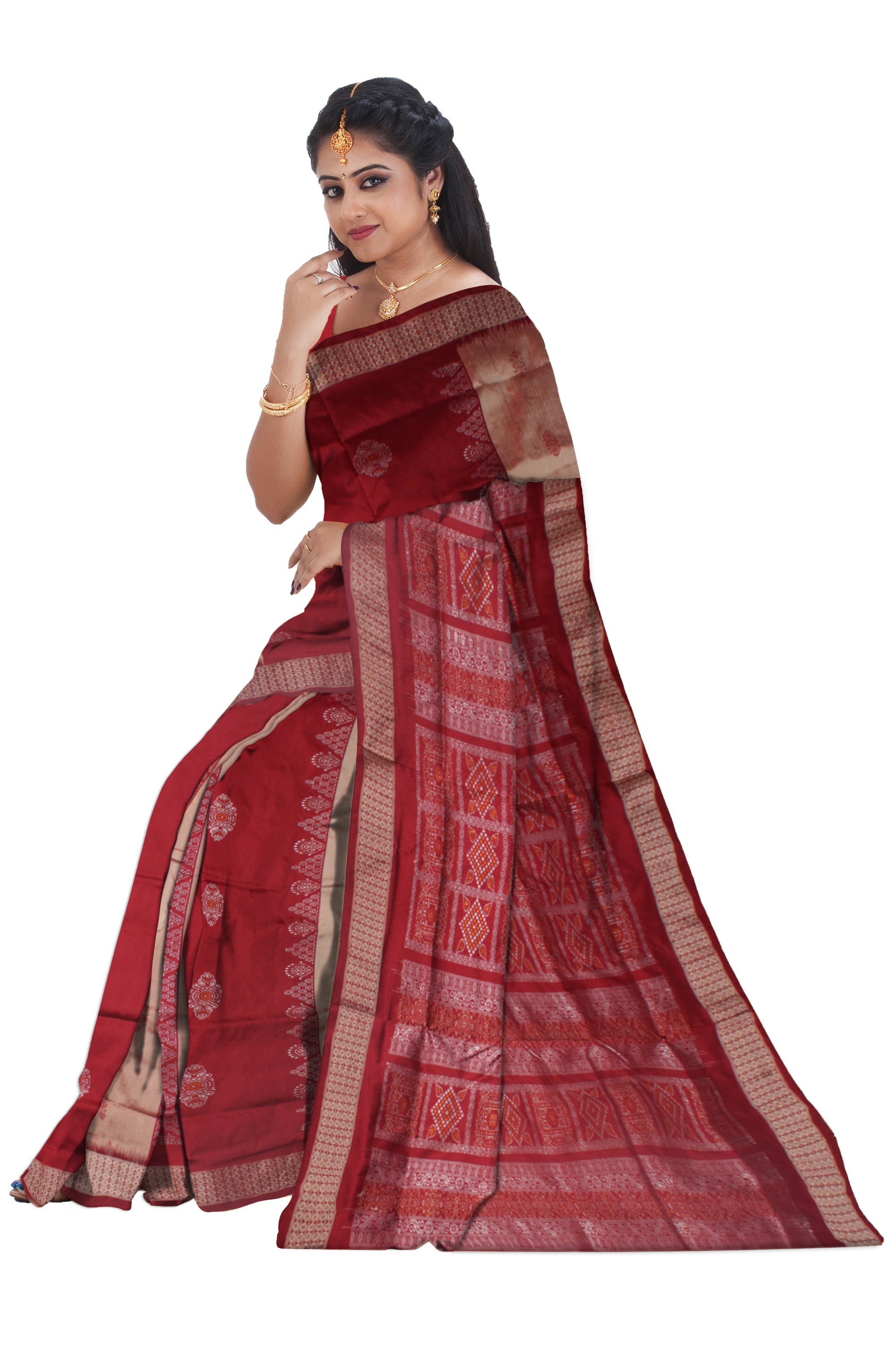MAROON AND GOLDEN COLOR BOMKEI PATTERN PATA SAREE, WITH MATCHING BLOUSE PIECE. - Koshali Arts & Crafts Enterprise
