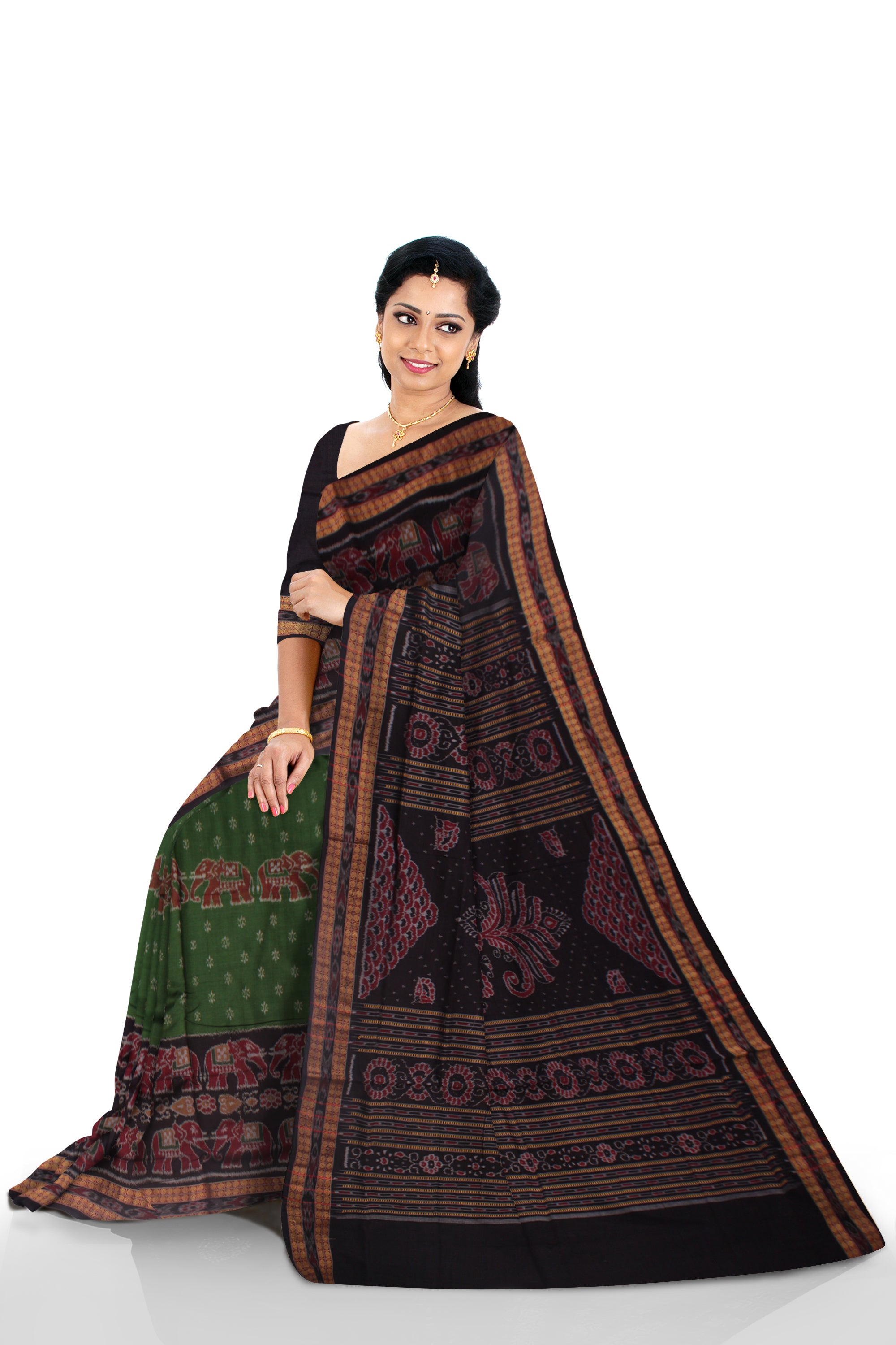ELEPHANT PATTERN PURE COTTON SAREE IS  GREEN AND BLACK COLOR BASE,AVAILABLE WITH BLOUSE PIECE. - Koshali Arts & Crafts Enterprise