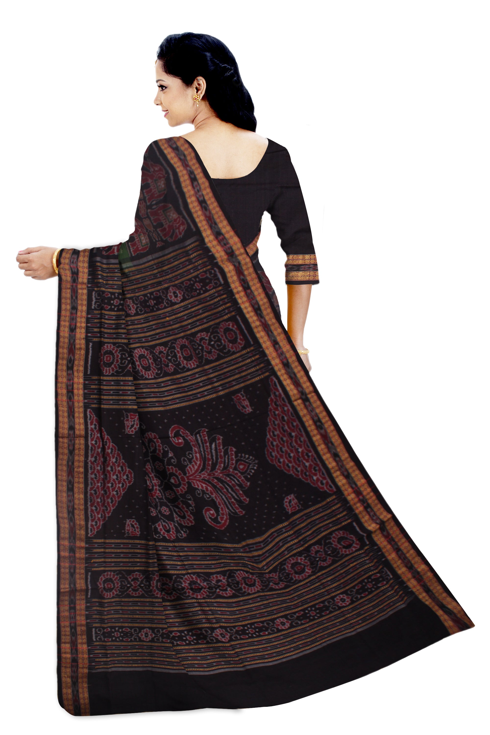 ELEPHANT PATTERN PURE COTTON SAREE IS  GREEN AND BLACK COLOR BASE,AVAILABLE WITH BLOUSE PIECE. - Koshali Arts & Crafts Enterprise