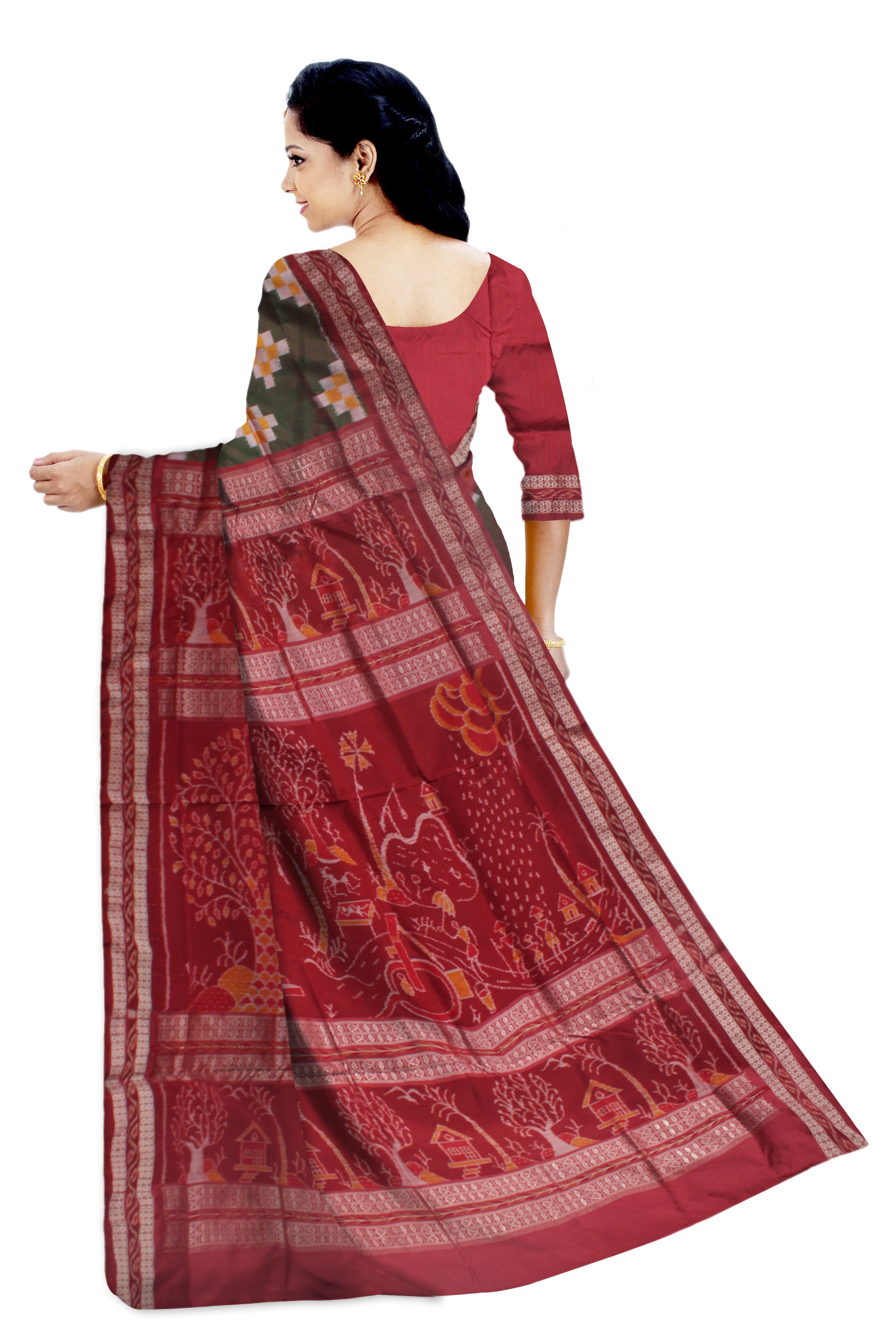 TRADITIONAL VILLAGE PATTERN SAPTA PATA SAREE IS DARK GREEN, YELLOW AND MAROON COLOR, WITH BLOUSE PIECE. - Koshali Arts & Crafts Enterprise