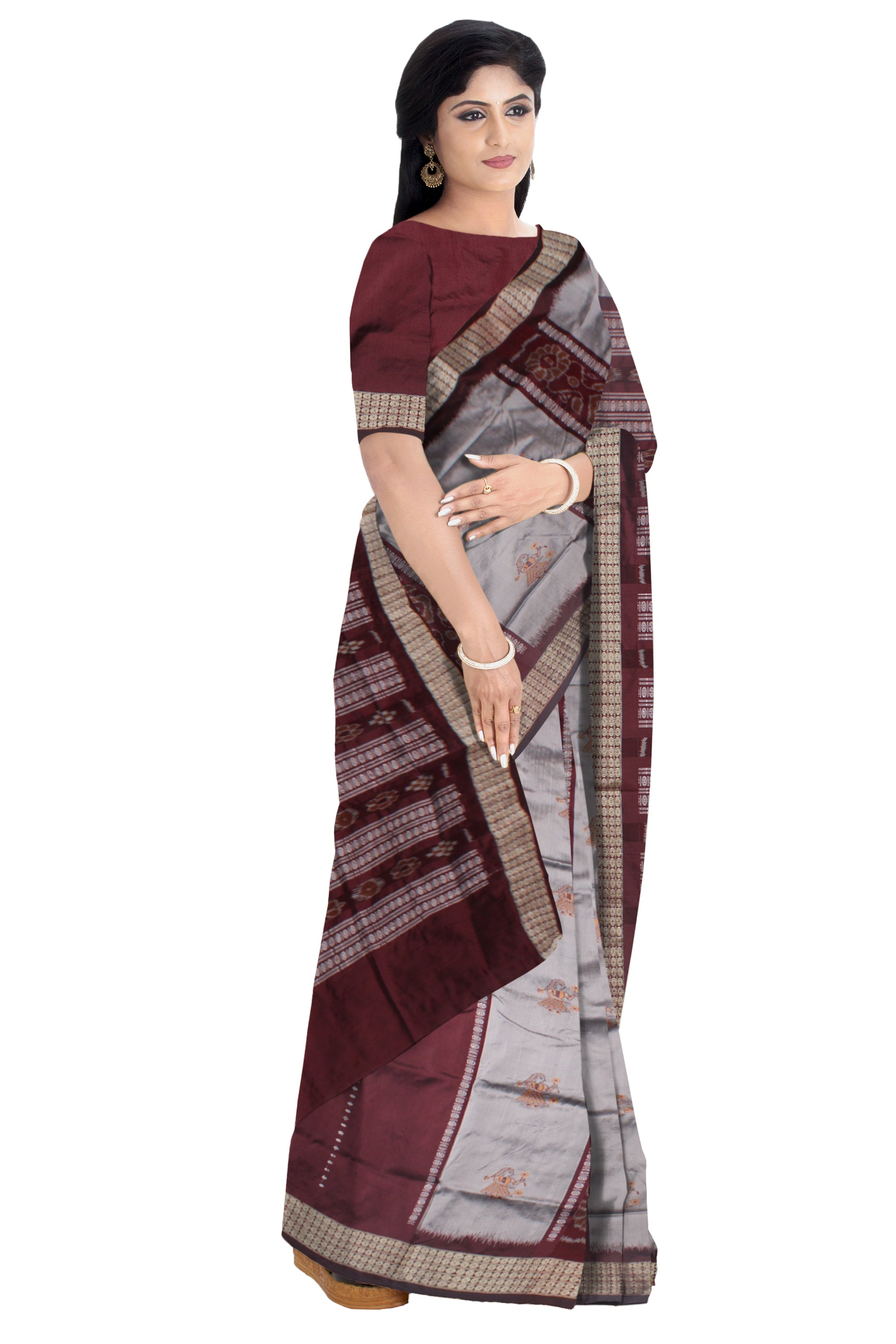 LATEST COLLECTION DOLL PRINT PATLI PATA SAREE IS SILVER AND COFFEE COLOR BASE, ATTACHED WITH MATCHING BLOUSE PIECE. - Koshali Arts & Crafts Enterprise