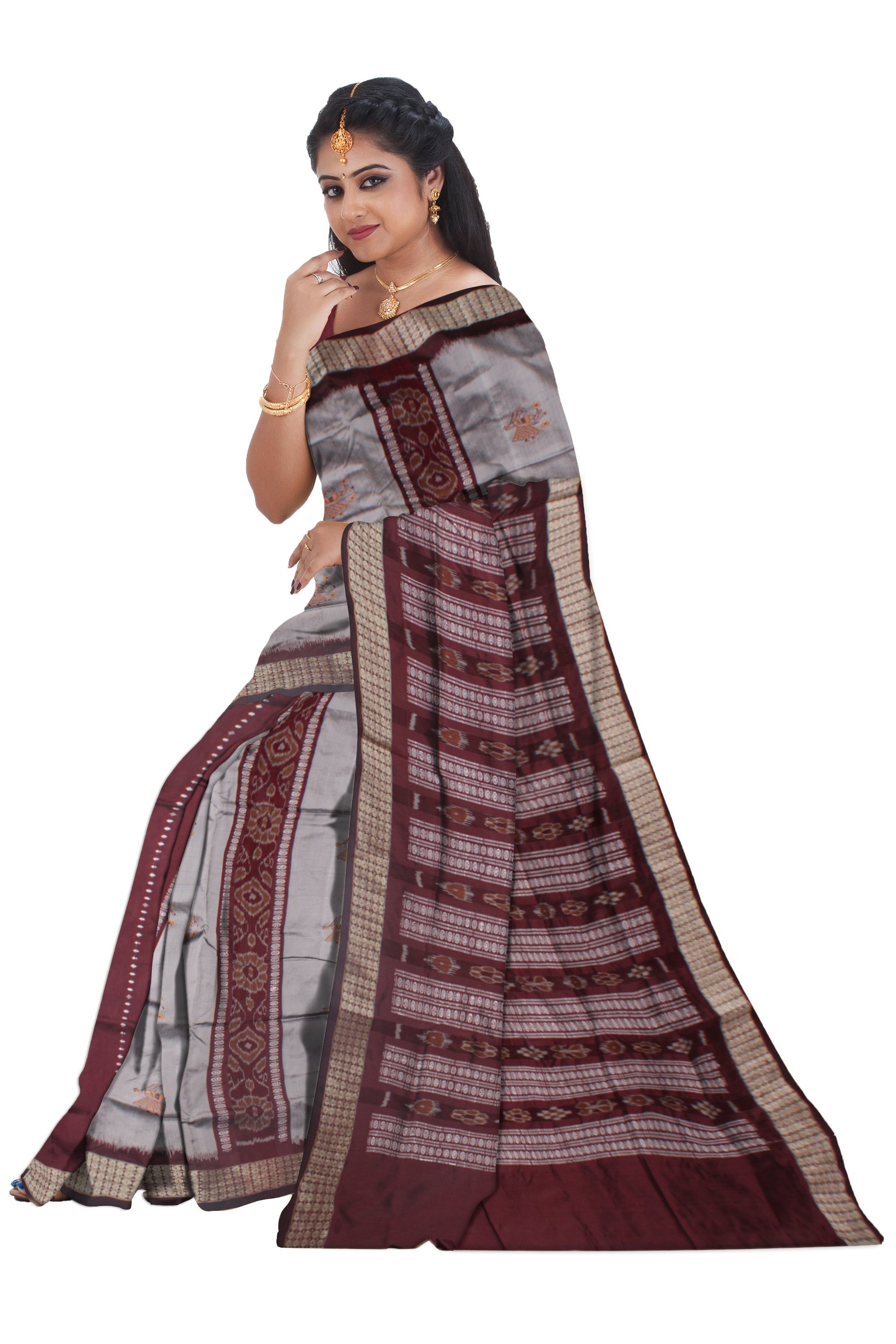 LATEST COLLECTION DOLL PRINT PATLI PATA SAREE IS SILVER AND COFFEE COLOR BASE, ATTACHED WITH MATCHING BLOUSE PIECE. - Koshali Arts & Crafts Enterprise