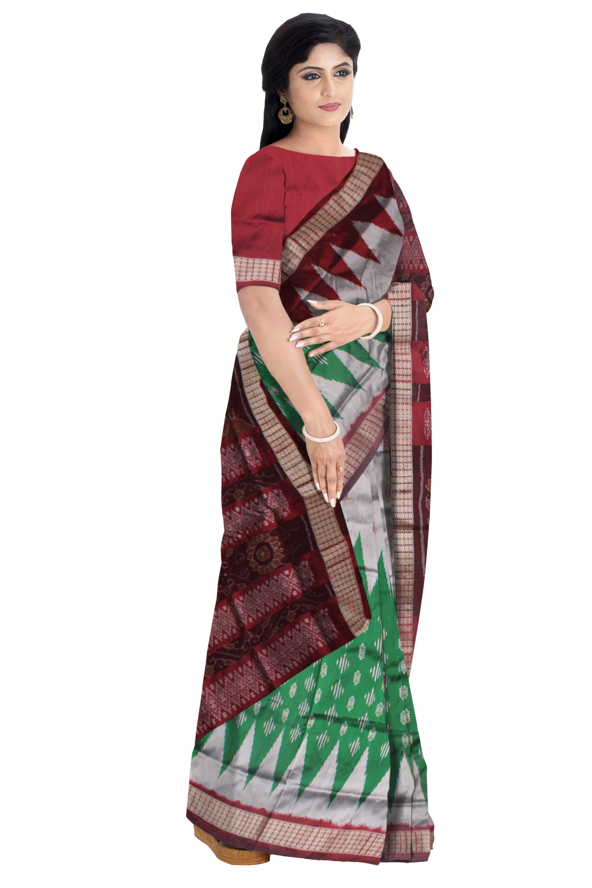 GREEN,SILVER AND MAROON COLOR IKAT PATTERN PATA SAREE, WITH BLOUSE PIECE. - Koshali Arts & Crafts Enterprise