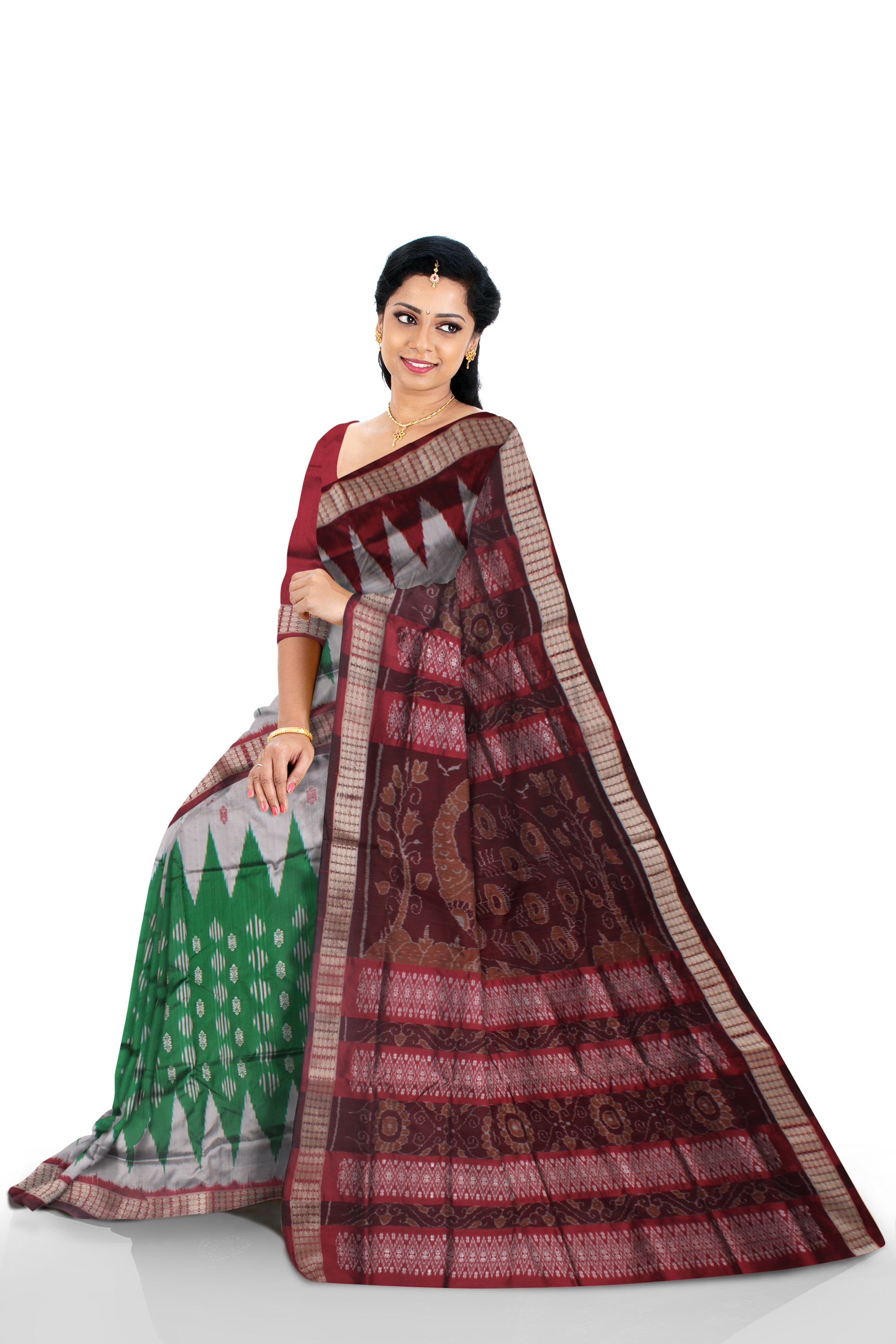 GREEN,SILVER AND MAROON COLOR IKAT PATTERN PATA SAREE, WITH BLOUSE PIECE. - Koshali Arts & Crafts Enterprise