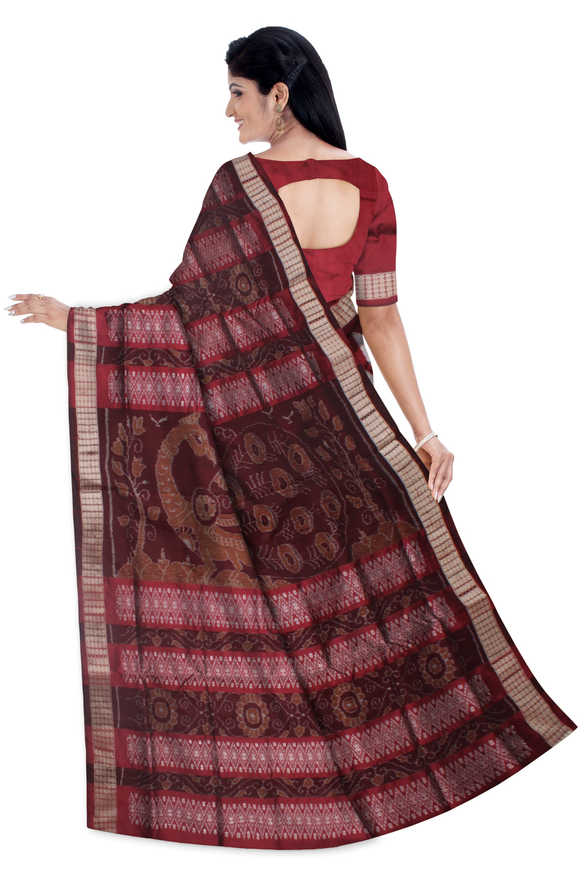 GREEN,SILVER AND MAROON COLOR IKAT PATTERN PATA SAREE, WITH BLOUSE PIECE. - Koshali Arts & Crafts Enterprise