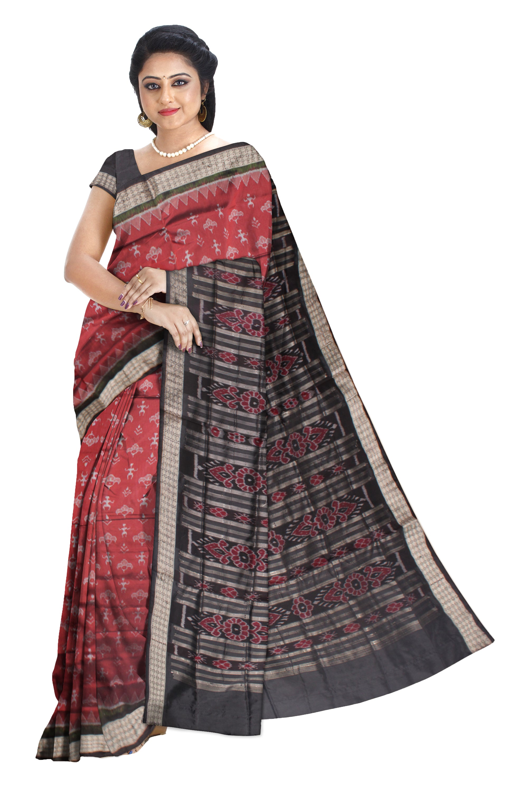 MAROON, LIGHT PINK AND BLACK COLOR PATLI PATA SAREE, WITH MATCHING BLOUSE PIECE. - Koshali Arts & Crafts Enterprise