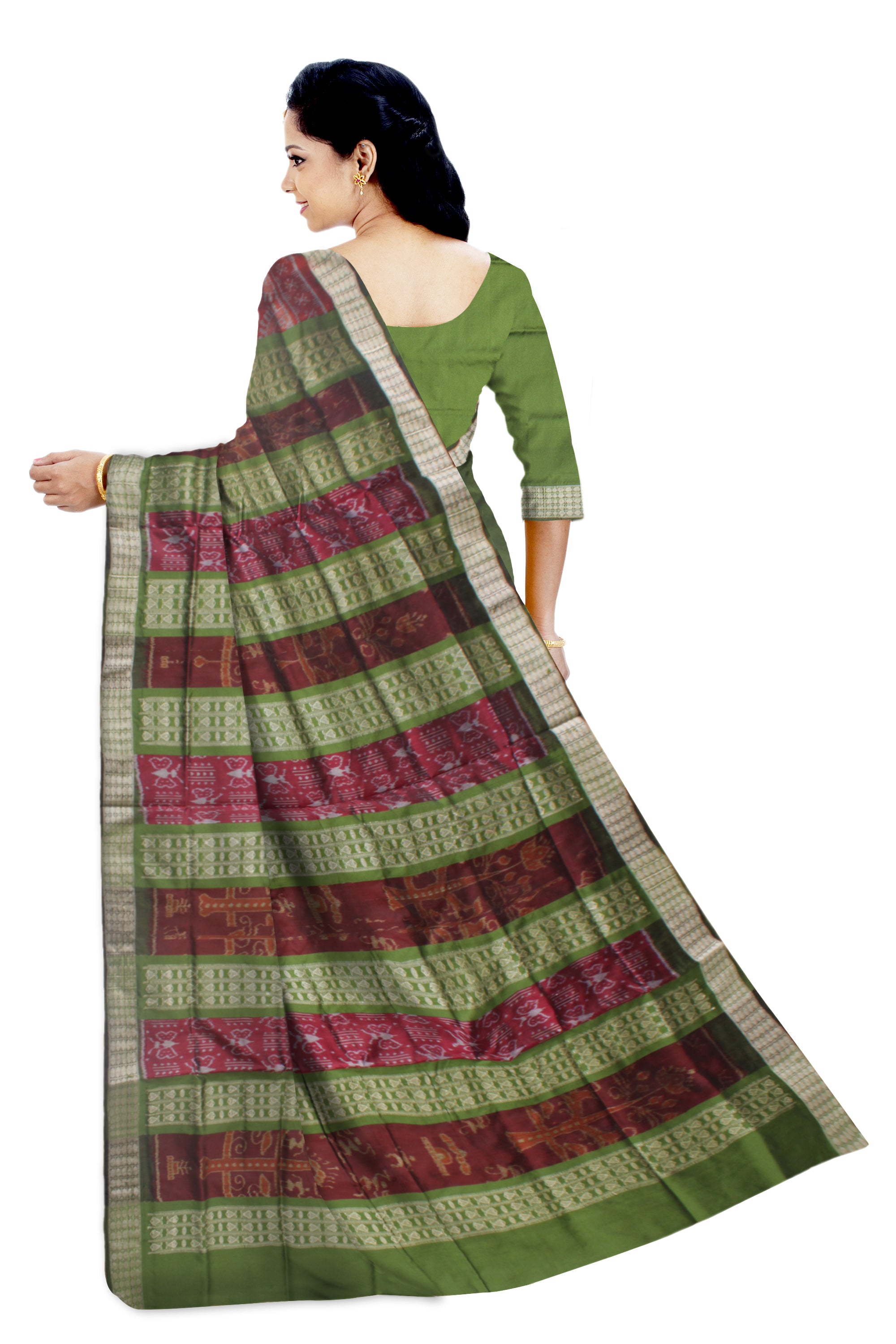 CHAKRA PATTERN PATLI PATA SAREE IS DARK-ORANGE AND LIGHT-GREEN COLOR BASE,COMES WITH MATCHING BLOUSE PIECE. - Koshali Arts & Crafts Enterprise