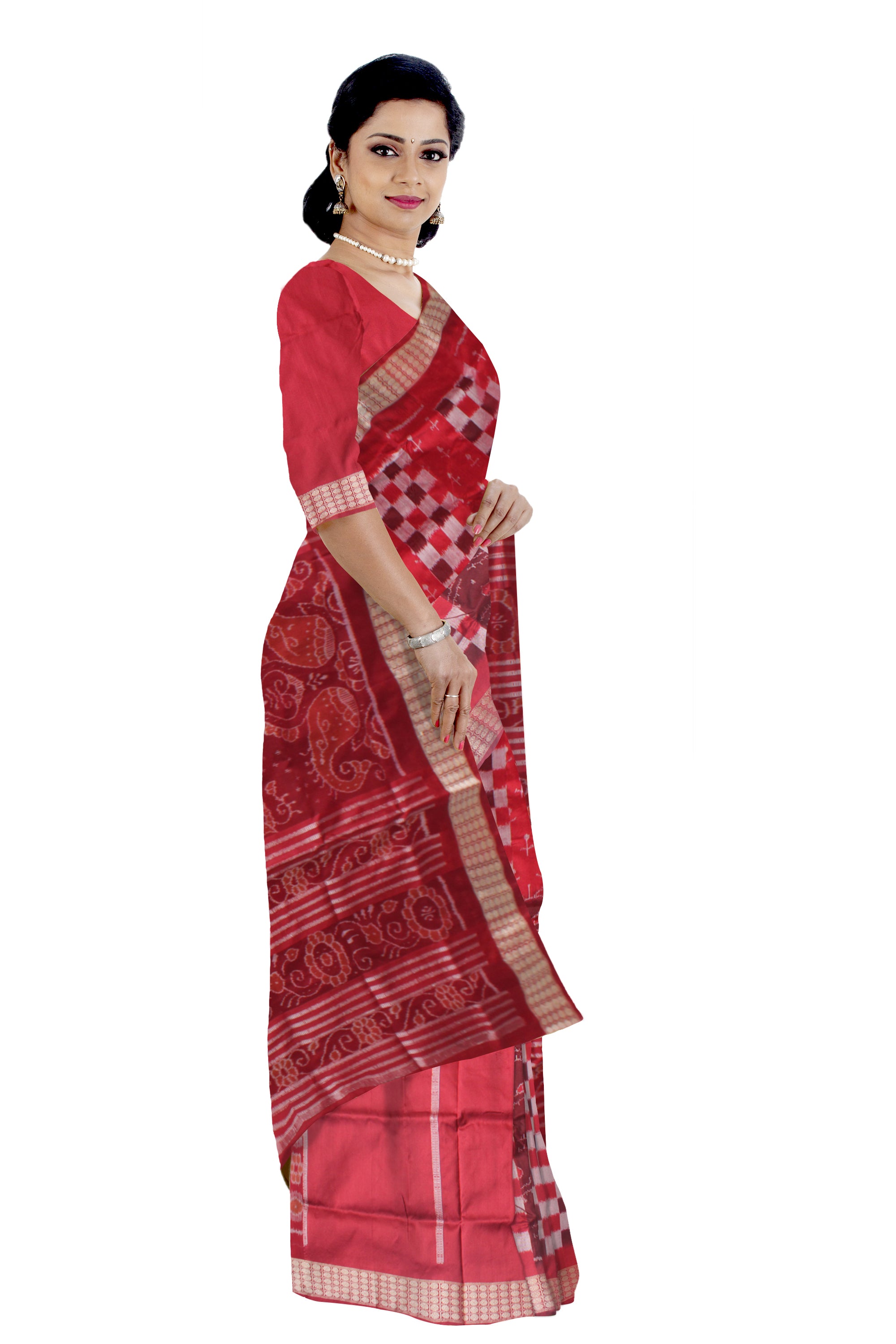 SMALL BOX PATTERN PATLI PATA SAREE IS RED AND MAROON COLOR BASE,WITH BLOUSE PIECE. - Koshali Arts & Crafts Enterprise