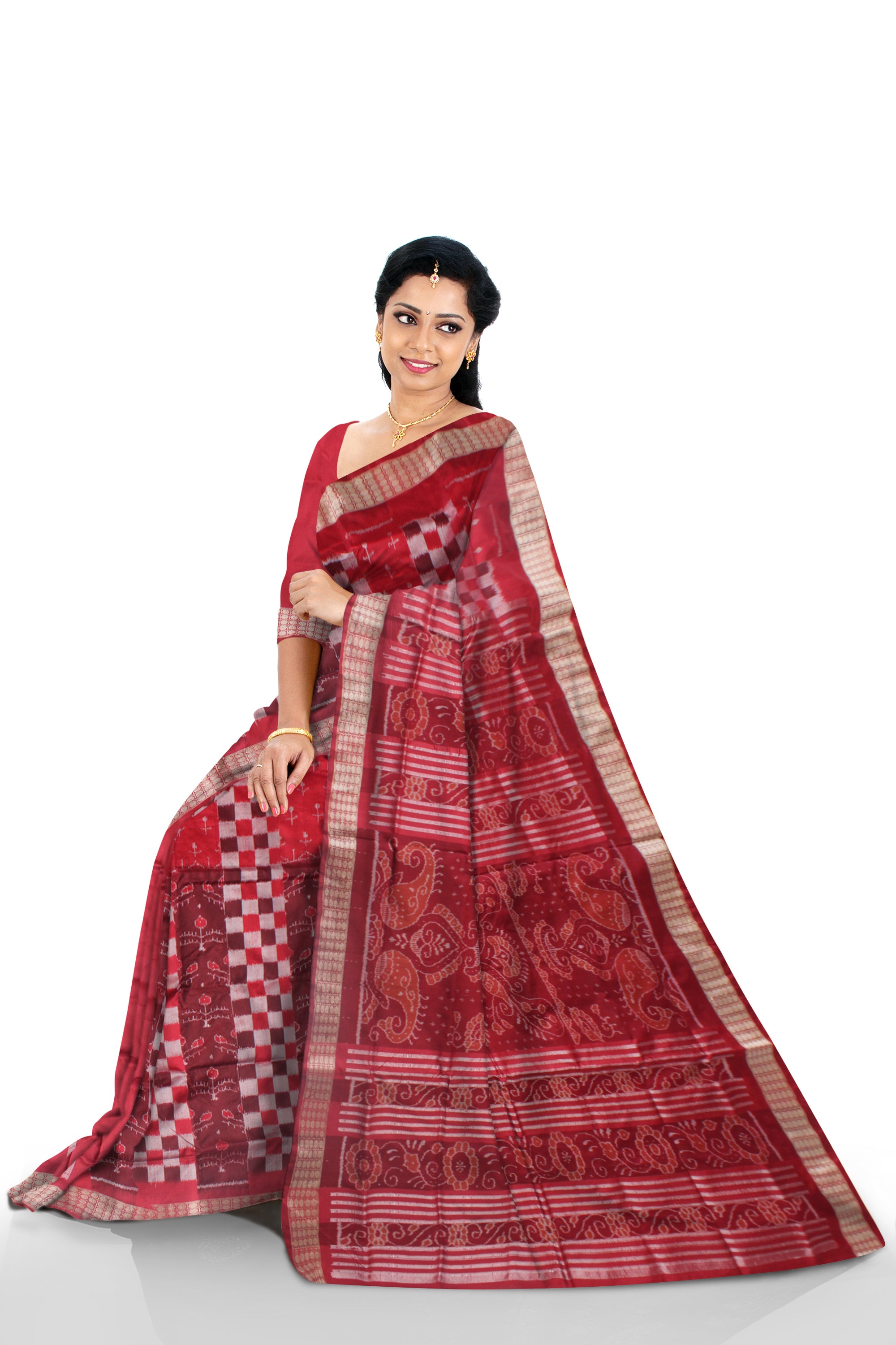 SMALL BOX PATTERN PATLI PATA SAREE IS RED AND MAROON COLOR BASE,WITH BLOUSE PIECE. - Koshali Arts & Crafts Enterprise