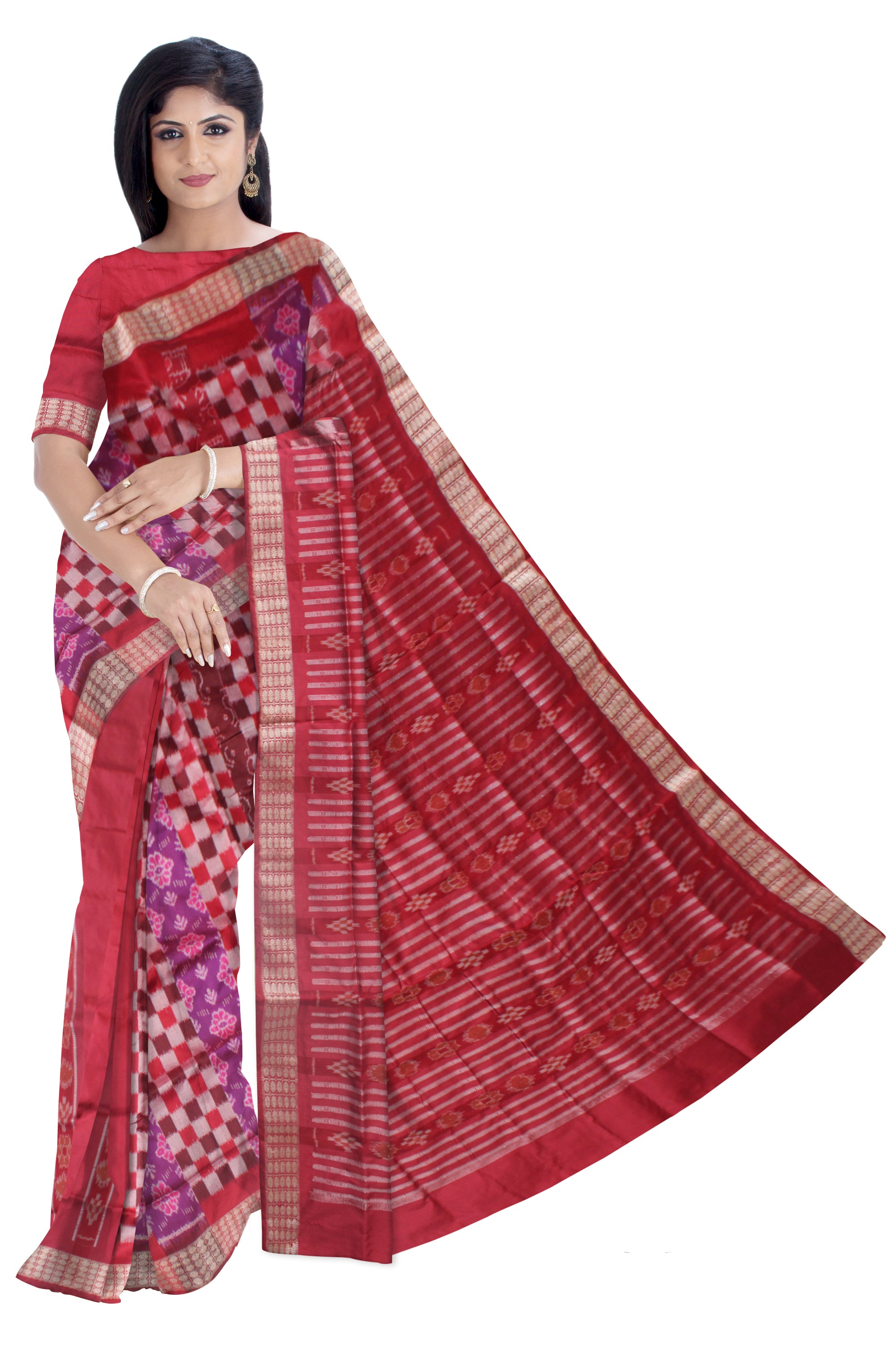 RED AND PURPLE COLOR PASAPALI PATTERN PATLI PATA SAREE, WITH MATCHING BLOUSE PIECE. - Koshali Arts & Crafts Enterprise