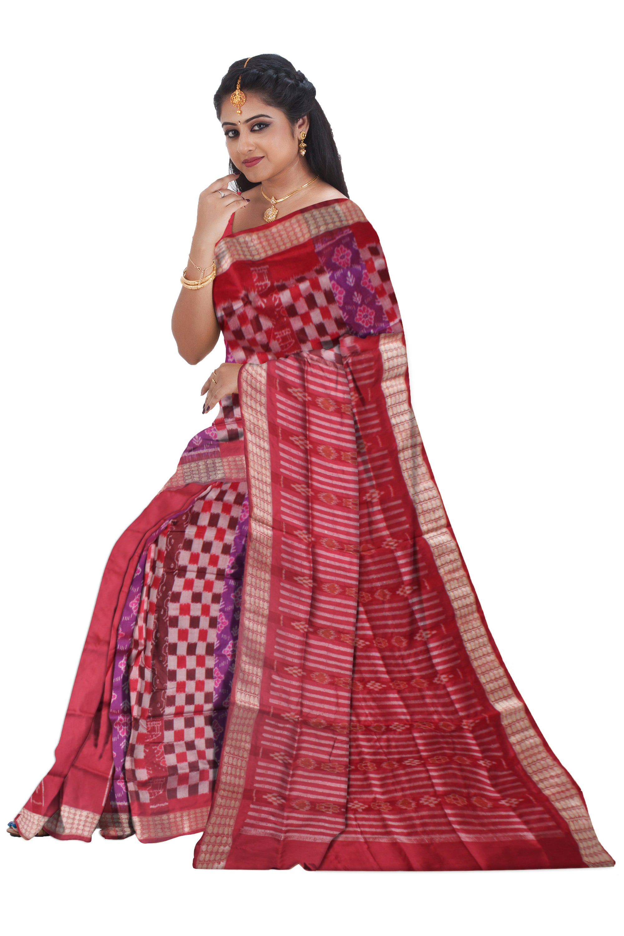 RED AND PURPLE COLOR PASAPALI PATTERN PATLI PATA SAREE, WITH MATCHING BLOUSE PIECE. - Koshali Arts & Crafts Enterprise