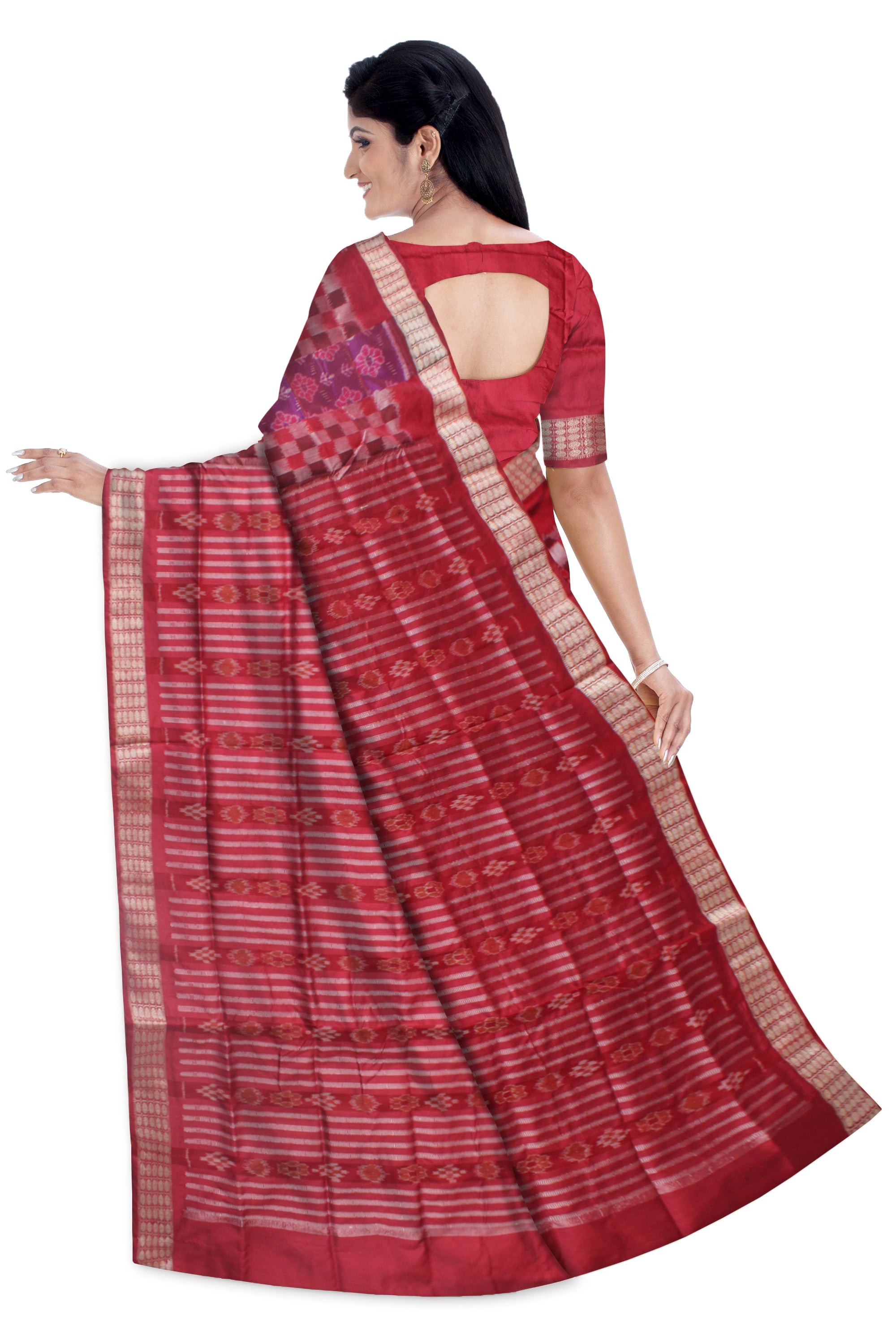 RED AND PURPLE COLOR PASAPALI PATTERN PATLI PATA SAREE, WITH MATCHING BLOUSE PIECE. - Koshali Arts & Crafts Enterprise