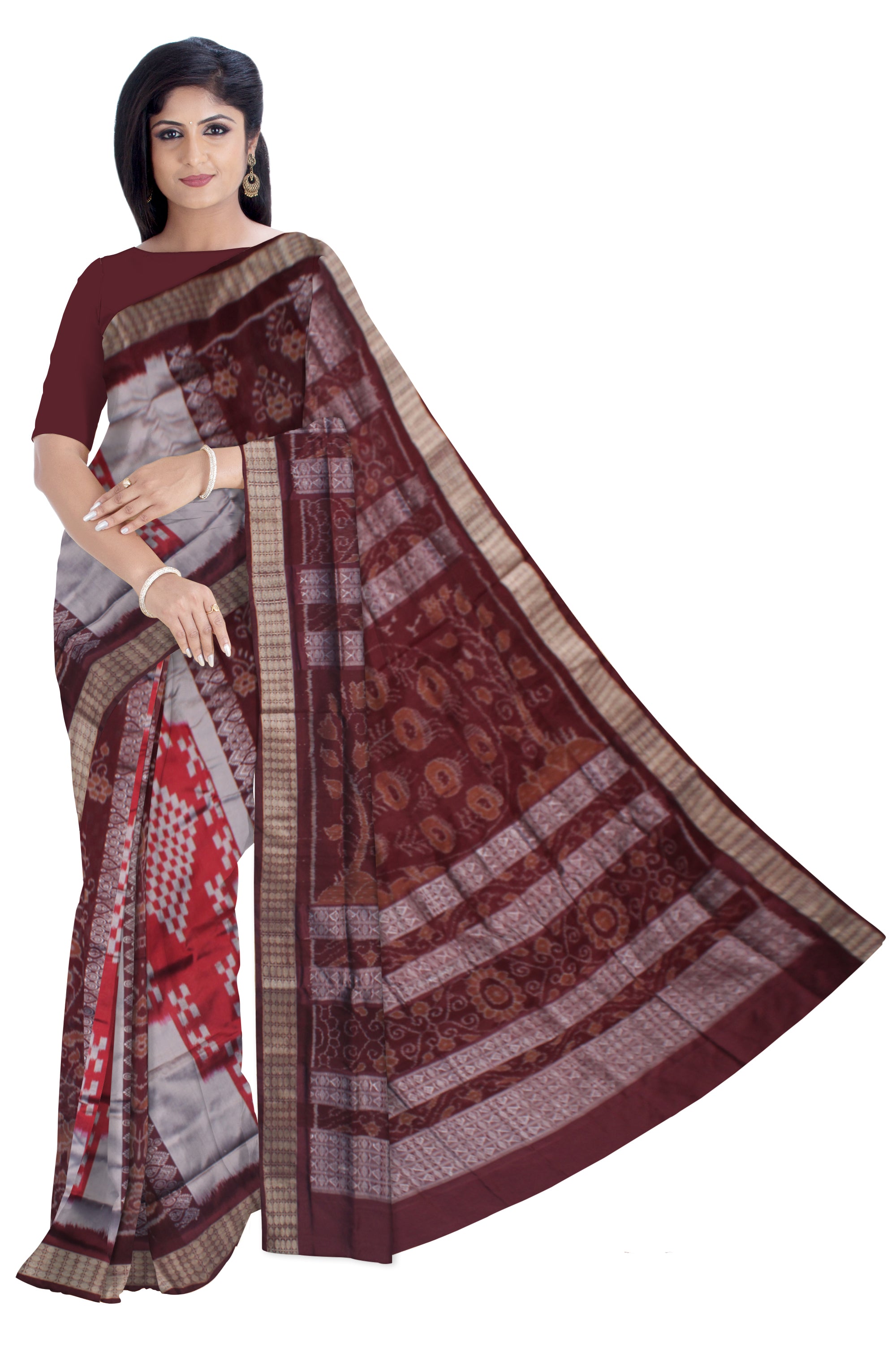 SAPTA WITH BANDHA PATTERN BOMKEI PATA SAREE IS SILVER, RED AND COFFEE COLOR. WITH MATCHING BLOUSE PIECE. - Koshali Arts & Crafts Enterprise